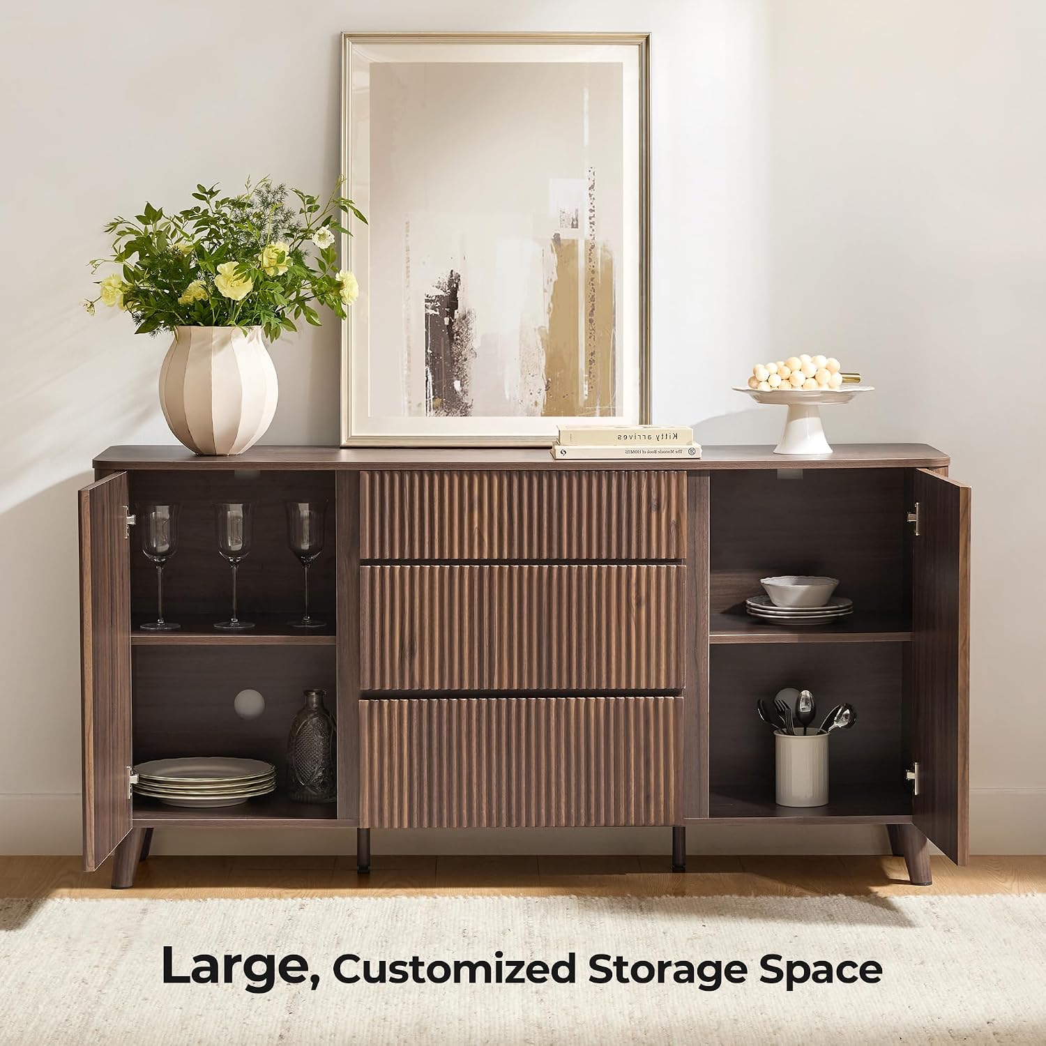 CHITA 62' Sideboard Buffet Cabinet with Storage, Living Room Accent Cabinet with Drawers, Doors and Adjustable Shelves, for Bar, Kitchen, Walnut