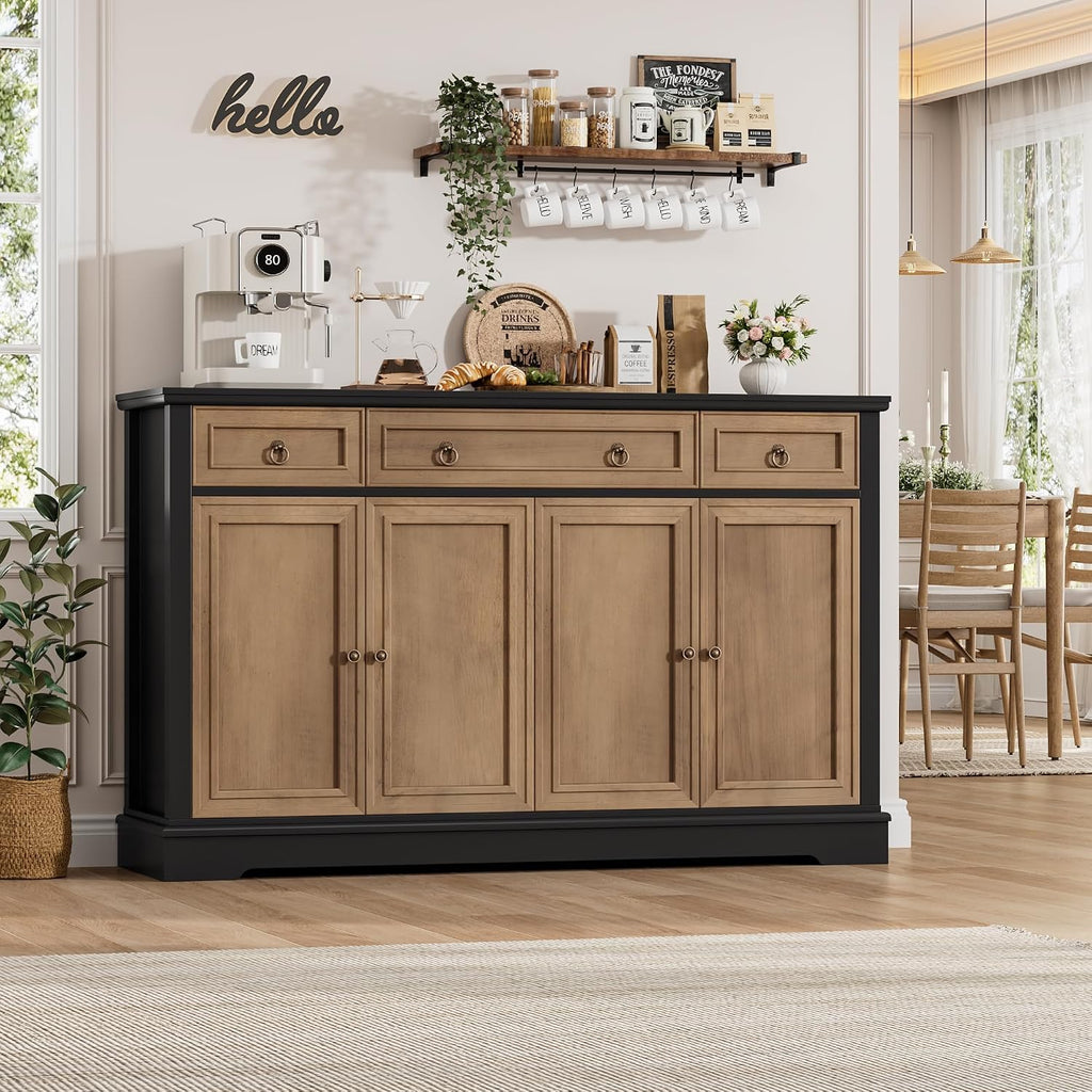 FINETONES Buffet Cabinet with Storage, 52.7' Large Sideboard Buffet Table, Kitchen Cabinet with 3 Drawers and 4 Doors, Wood Coffee Bar for Kitchen Dining Room, Black/Brown