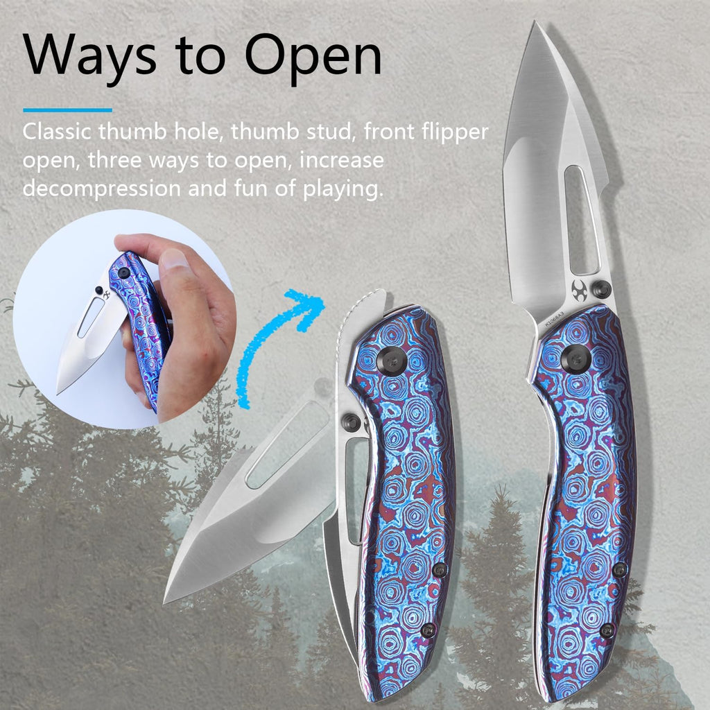 KANSEPT Link Pocket Folding Knives for Men EDC Camping Hiking Folding Knife for Men Women 3'' Satin CPM 20CV Blade Material Pocke Knife with Timascus + Blackwash Titanium Handle Everyday Carry K1068A3