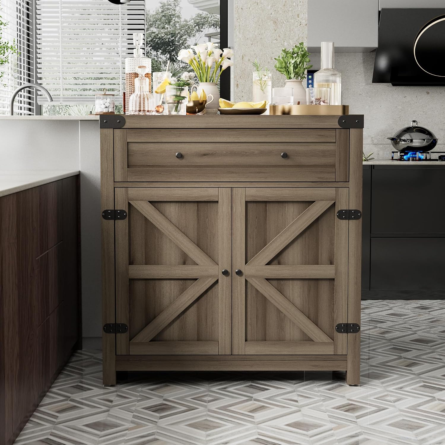 JUMMICO Coffee Bar Cabinet Farmhouse Kitchen Sideboard Buffet Cabinet with Drawer and Adjustable Shelf Barn Door Storage Cabinet for Kitchen, Dining Room, Bathroom, Entryway (Rustic Oak)