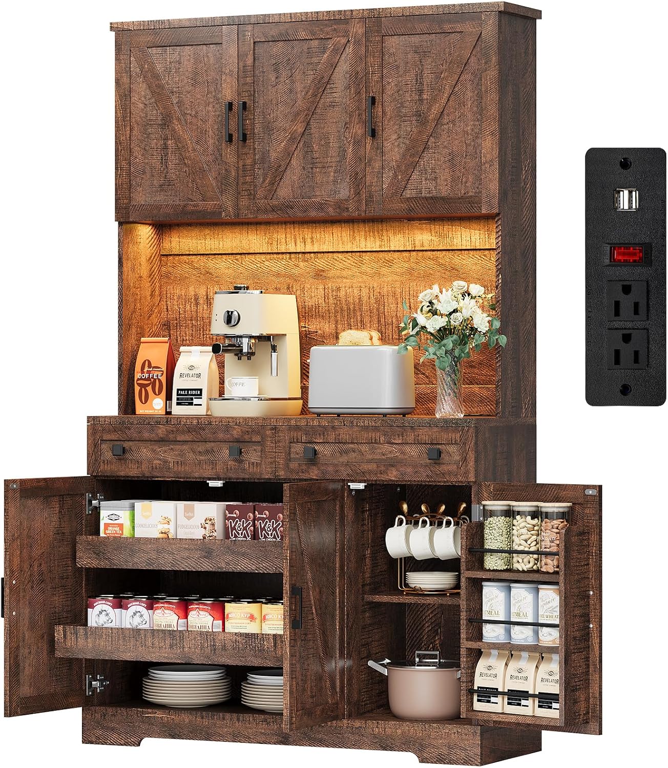 ELYKEN 71' Tall Ktchen Pantry Cabinet with Charging Station & LED Lights, Farmhouse Kitchen Hutch Cabinet with Large Countertop for Dining Room Living Room, Brown