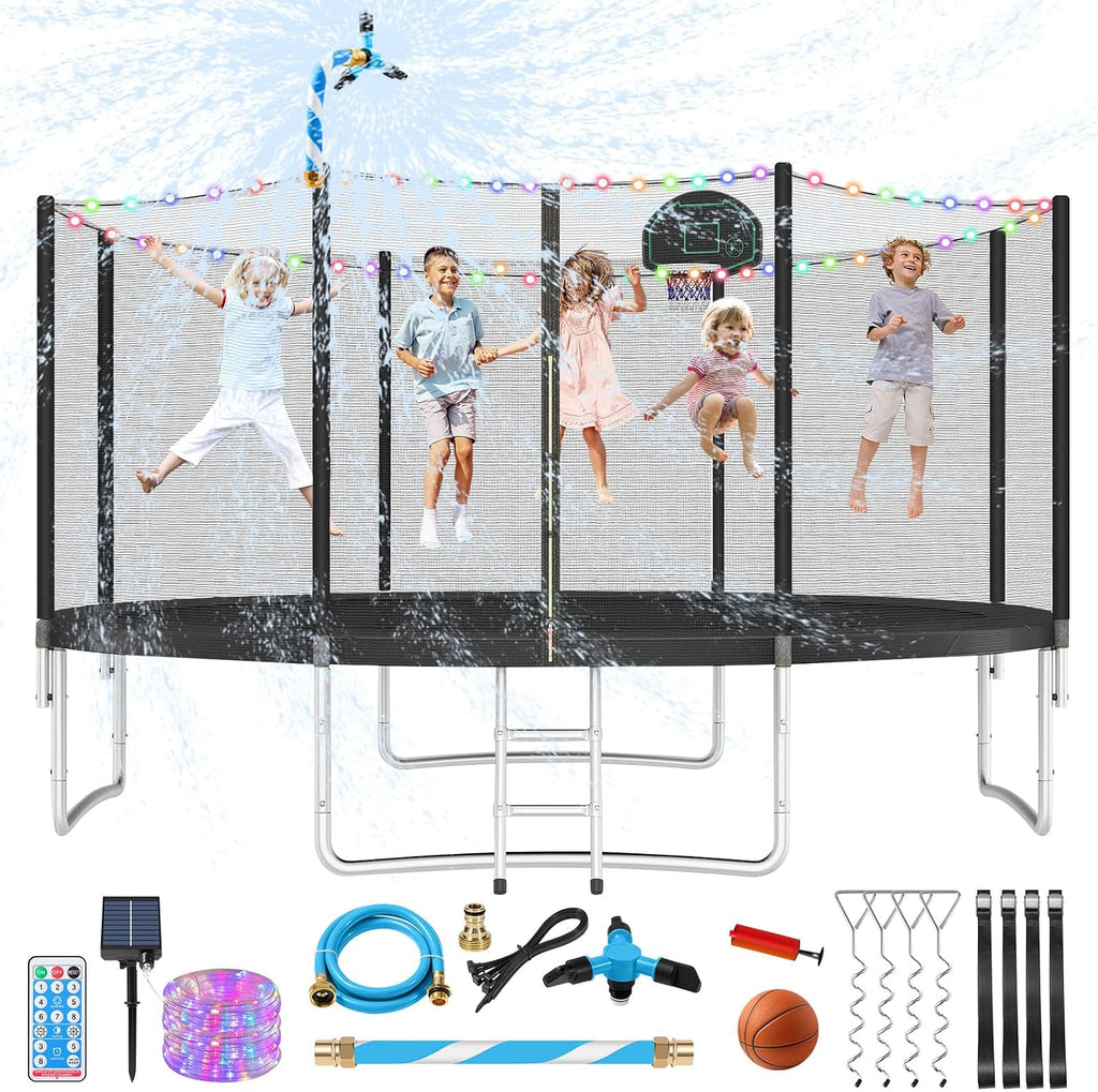 Lyromix Upgraded Trampoline with Lights, Large Outdoor Trampoline with Sprinkler,Basketball Hoop and Net, Capacity for 5-8 Kids and Adults