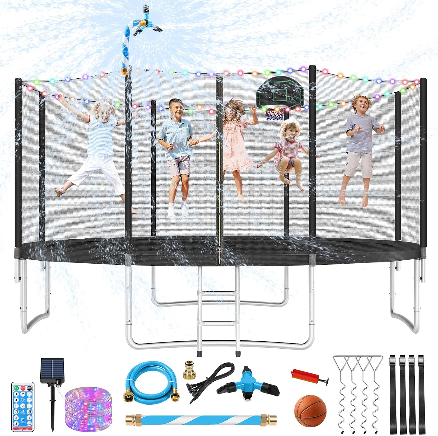 Lyromix Upgraded Trampoline with Lights, Large Outdoor Trampoline with Sprinkler,Basketball Hoop and Net, Capacity for 5-8 Kids and Adults