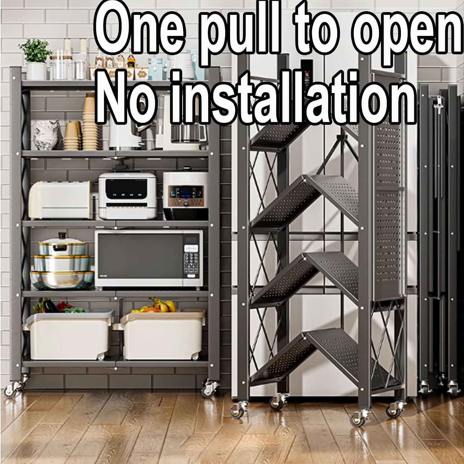 Microwave Storage Stand,Microwave Stand with Storage Cabinet Made of Carbon Steel Kitchen Baker's Rack with Storage Open Operator Console with Brakeable Casters Foldable(Color:White)