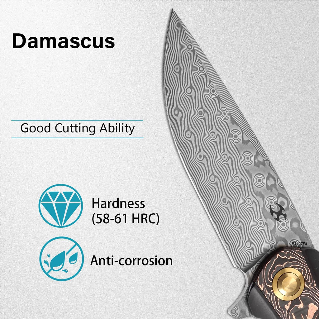 KANSEPT Accipiter Pocket Folding Knives EDC Camping Folding Knife 3.36'' Damascus Blade Pocket Folding Knife with Titanium + Copper Carbon Fiber Handle Everyday Carry K1007E4