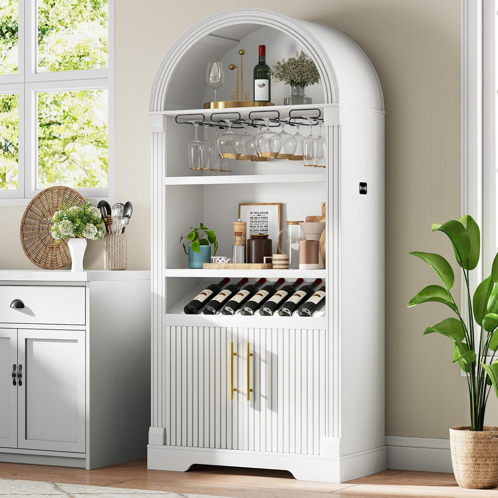 Vlsrka Arched Cabinet, Kitchen Pantry Cabinets with Open & Adjustable Shelves, Induction 3 Color Lights (White A)