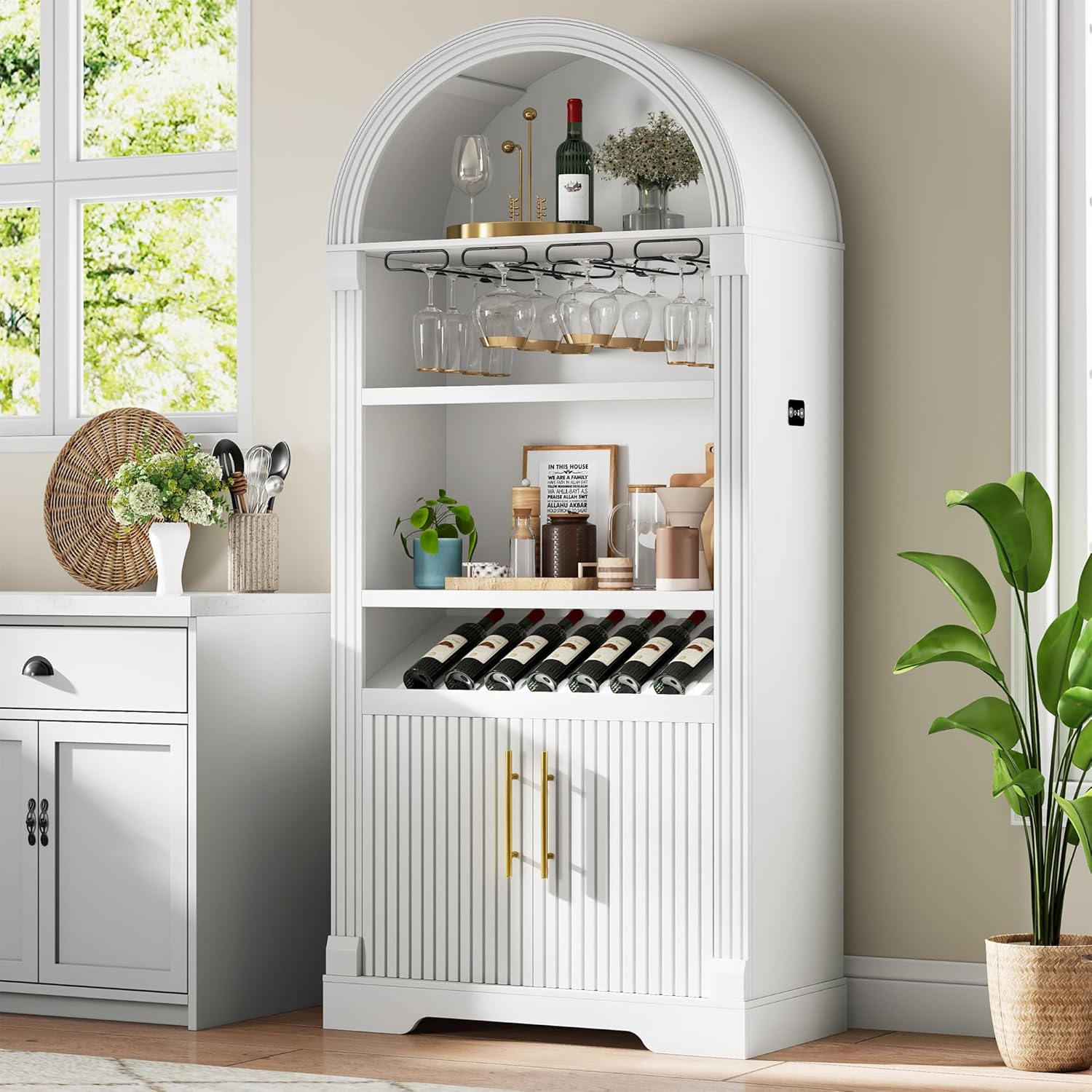 Vlsrka Arched Cabinet, Kitchen Pantry Cabinets with Open & Adjustable Shelves, Induction 3 Color Lights (White A)