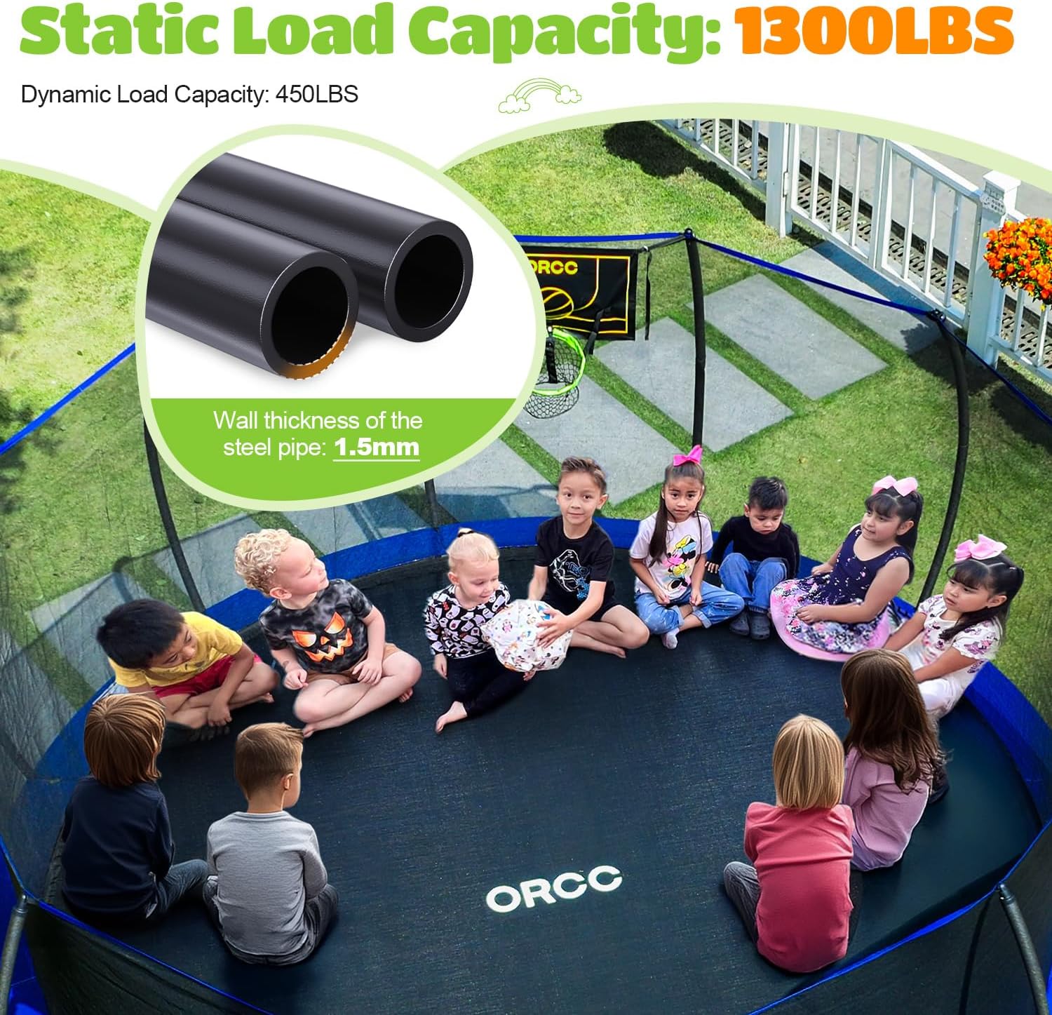 ORCC 1300LBS Weight Capacity Trampoline 16 15 14 12 10 8FT with Basketball Hoop Water Sprinkler Spiral Ground Stakes Outdoor Yard Trampolines for Kids Adults