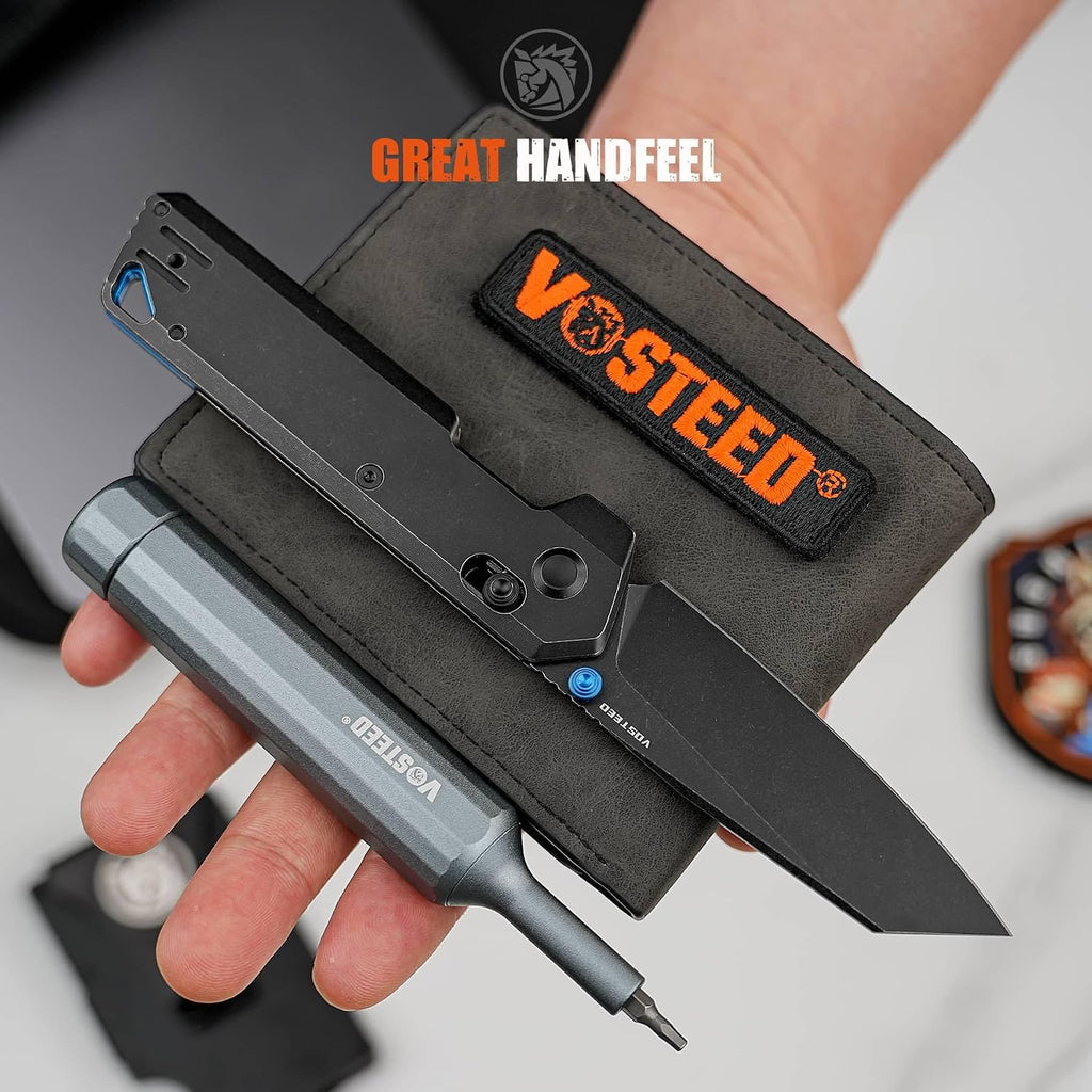 Vosteed Ultra Thin Folding Pocket knife for Men & Women, 2.9' 154CM Blade, Thumb Stud, Cross-bar Lock Titanium Handle EDC Slim Knives - Parallel A3501