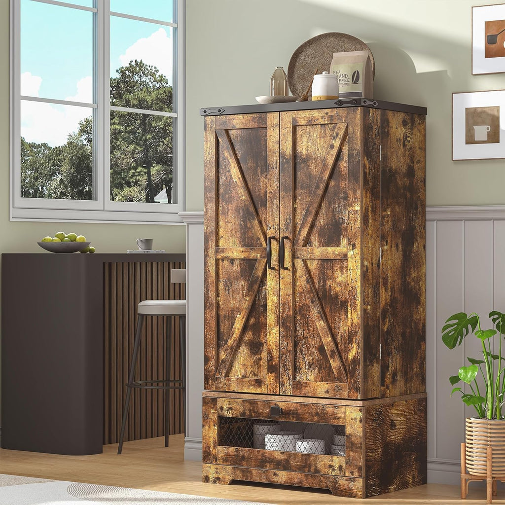 kepptory Farmhouse Pantry Cabinet with Barn Door & Adjustable Shelves, Freestanding Kitchen Storage Cabinet for Dining Room, Bathroom, Hallway (Brown)
