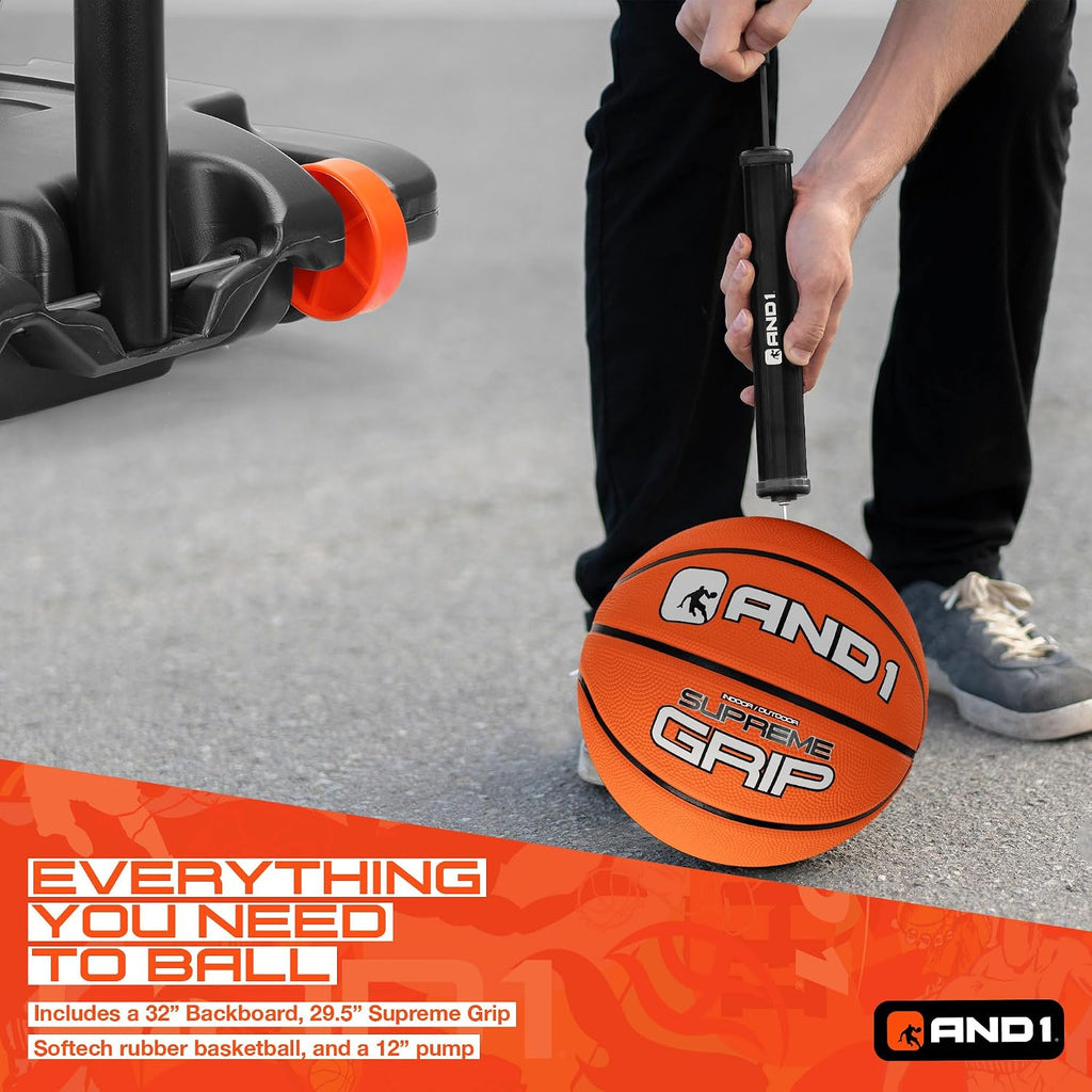 AND1 32' Basketball Hoop & Basketball Bundle - Adjustable Portable Outdoor Basketball Hoop & Regulation Size Basketball, 5-7 Ft Adjustable Height