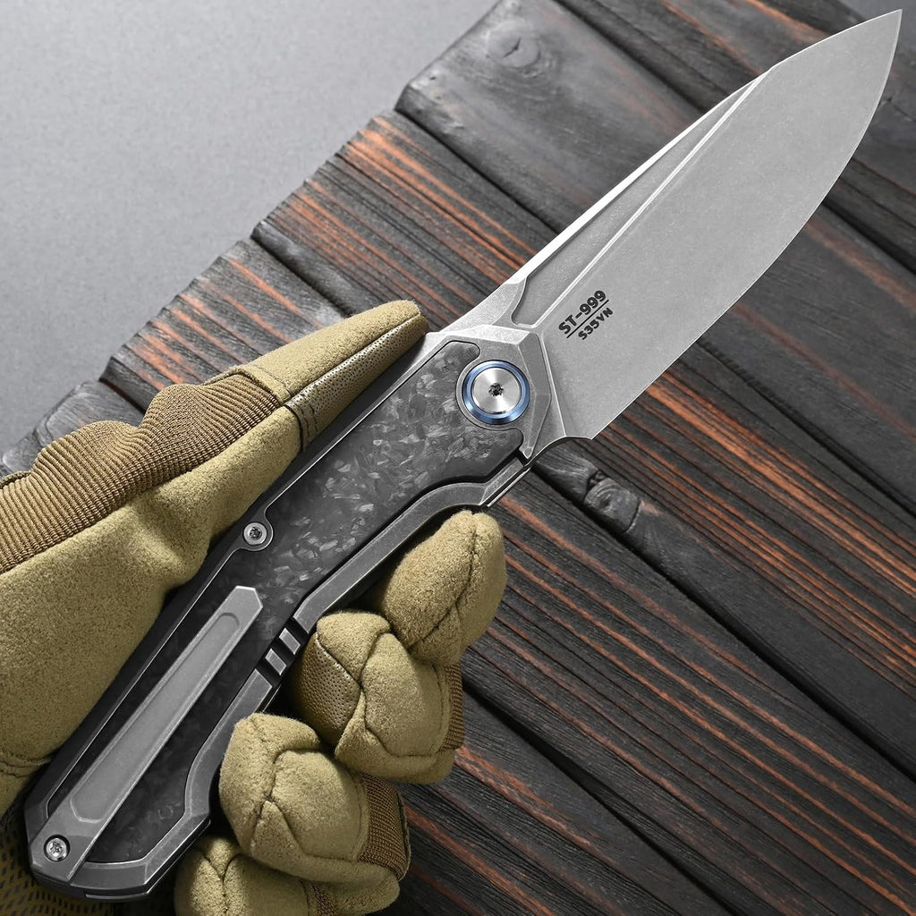 Sitivien ST999 Folding Knife,S35VN Steel Blade with Titanium and Carbon Fiber Handle Frame Lock, EDC Knife with pocket clip for Outdoor Camping Survival Hiking (Gray)