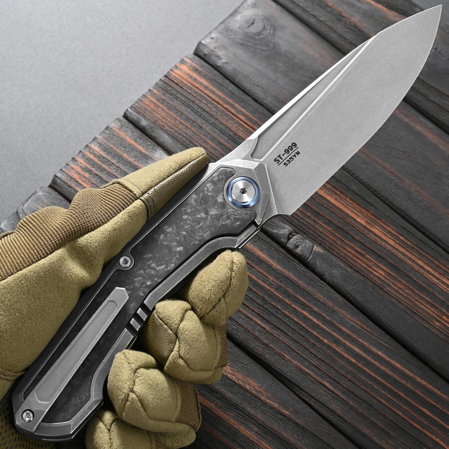 Sitivien ST999 Folding Knife,S35VN Steel Blade with Titanium and Carbon Fiber Handle Frame Lock, EDC Knife with pocket clip for Outdoor Camping Survival Hiking (Gray)