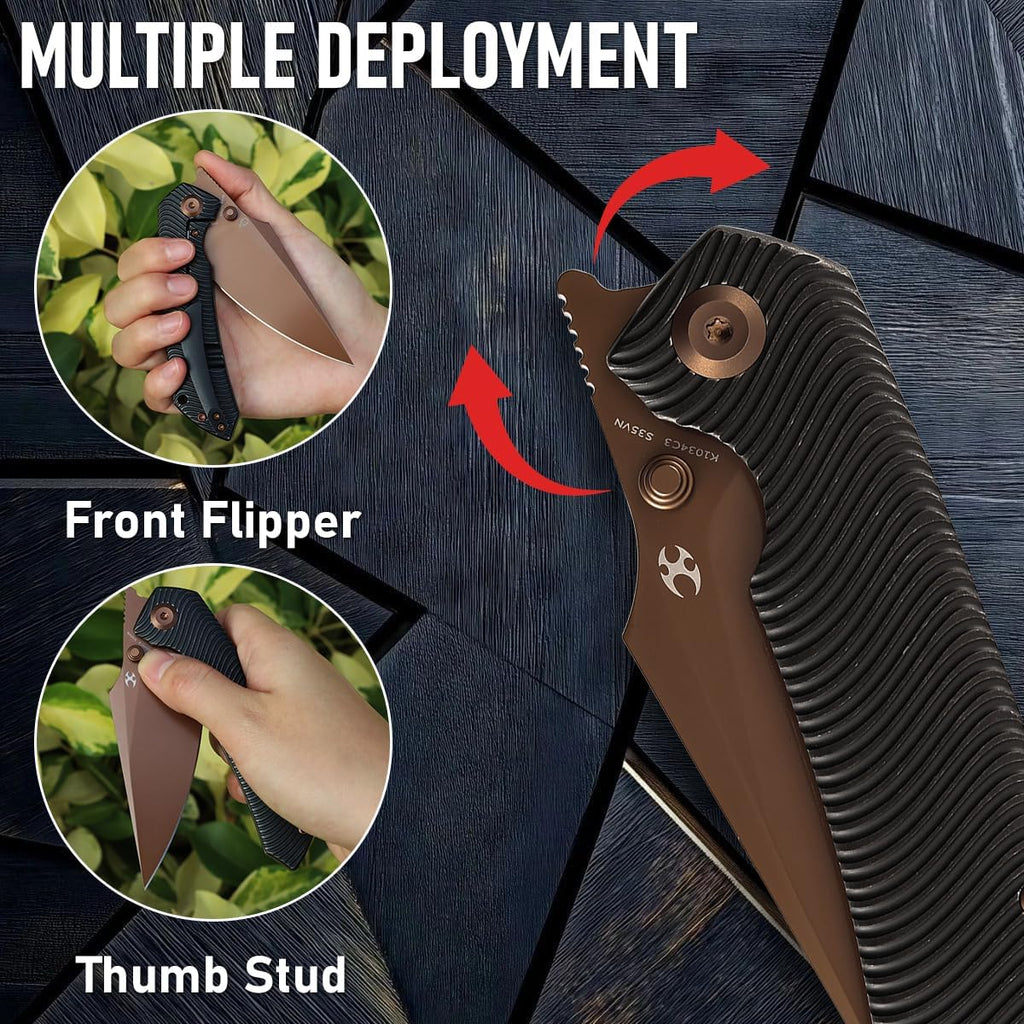 KANSEPT Fenrir Pocket Knife, 3.48' Rose Gold CPM-S35VN Blade with Flipper and Thumb Stud, Frame Lock for Camping Outdoor with Blackwash Titanium Handle and Micro-Milled Water Ripple Texture K1034C3