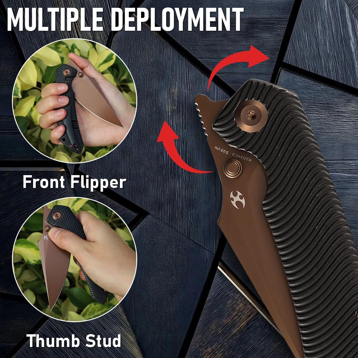 KANSEPT Fenrir Pocket Knife, 3.48' Rose Gold CPM-S35VN Blade with Flipper and Thumb Stud, Frame Lock for Camping Outdoor with Blackwash Titanium Handle and Micro-Milled Water Ripple Texture K1034C3