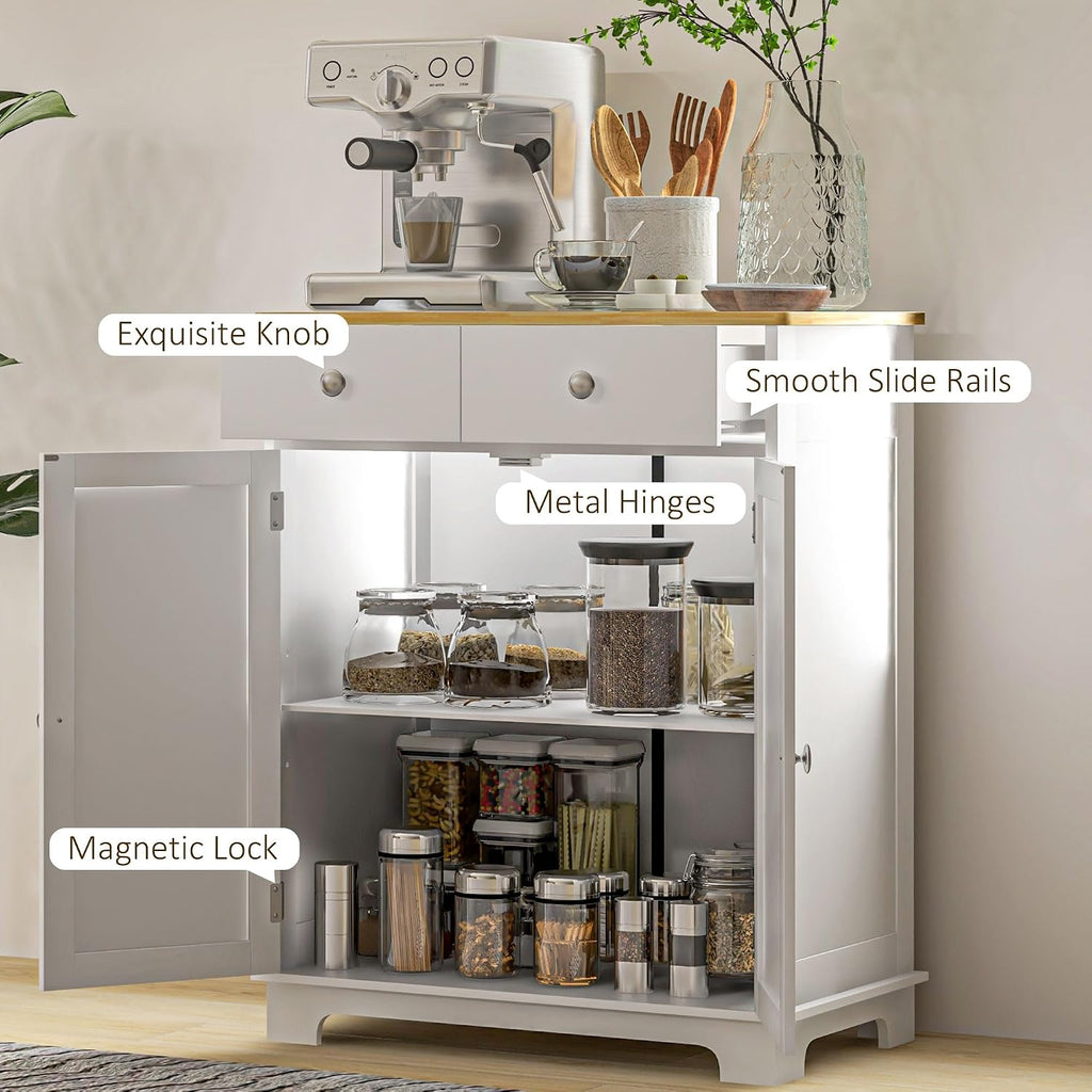 HOMCOM Sideboard Buffet Cabinet with Solid Wood Countertop, Modern Kitchen Storage Cabinet, Coffee Bar Cabinet with 2 Drawers, Doors and Adjustable Shelf, Distressed White