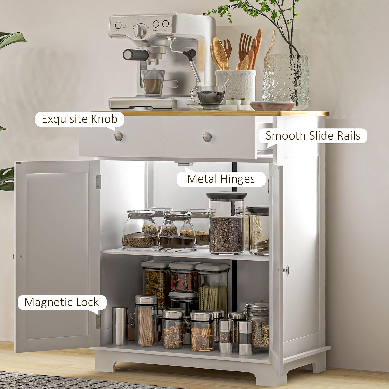 HOMCOM Sideboard Buffet Cabinet with Solid Wood Countertop, Modern Kitchen Storage Cabinet, Coffee Bar Cabinet with 2 Drawers, Doors and Adjustable Shelf, Distressed White