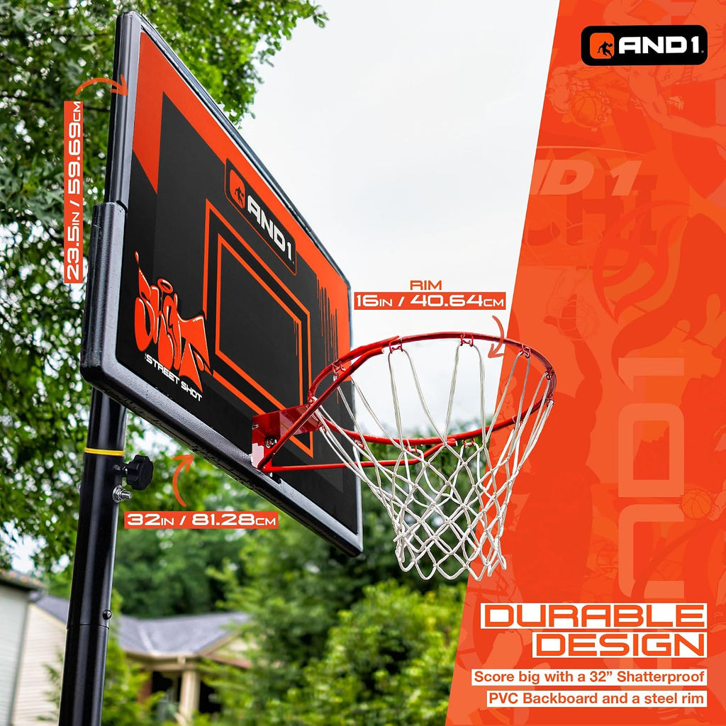 AND1 32' Basketball Hoop & Basketball Bundle - Adjustable Portable Outdoor Basketball Hoop & Regulation Size Basketball, 5-7 Ft Adjustable Height
