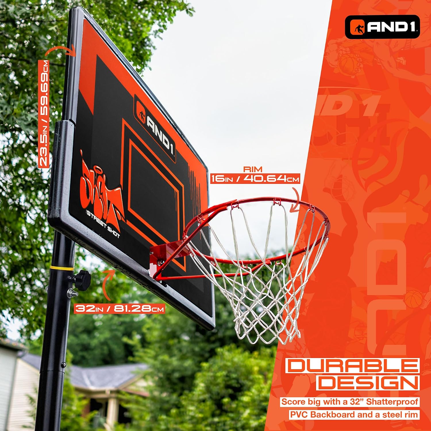 AND1 32' Basketball Hoop & Basketball Bundle - Adjustable Portable Outdoor Basketball Hoop & Regulation Size Basketball, 5-7 Ft Adjustable Height