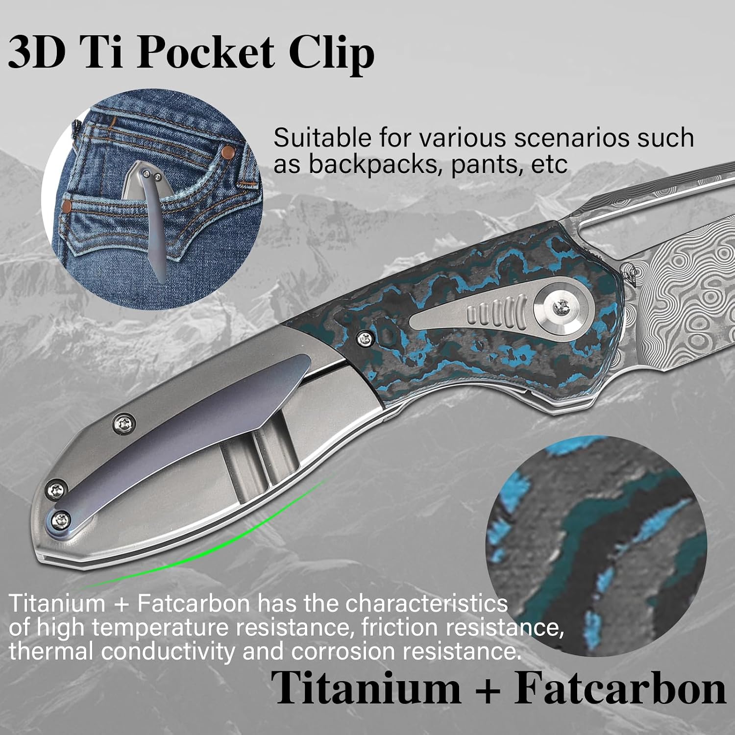 KANSEPT Thoth Camping Pocket Knives for Men 8.05in Folding Pocket Knives with 3.43in Damascus Material and Bead Blasted Titanium + Arctic Storm Fatcarbon Handle for Outdoor,Tactical,Survival K1075A2