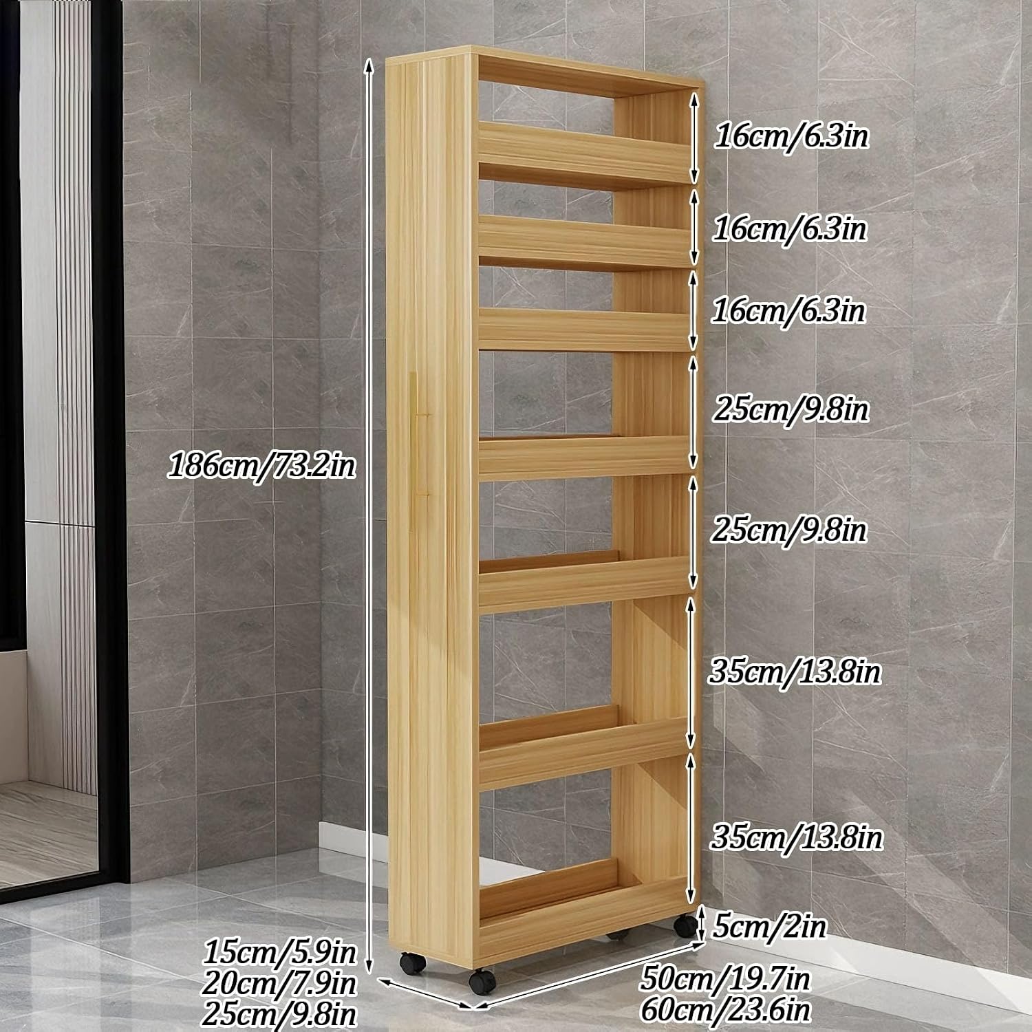 7-Tier Slim Storage Cart, Wooden Rolling Pantry Cabinet with Wheels, Narrow Shelf Organizer for Kitchen, Bakers Rack, Dining Room, Closet,White,D19.7 xW5.9 xH73.2
