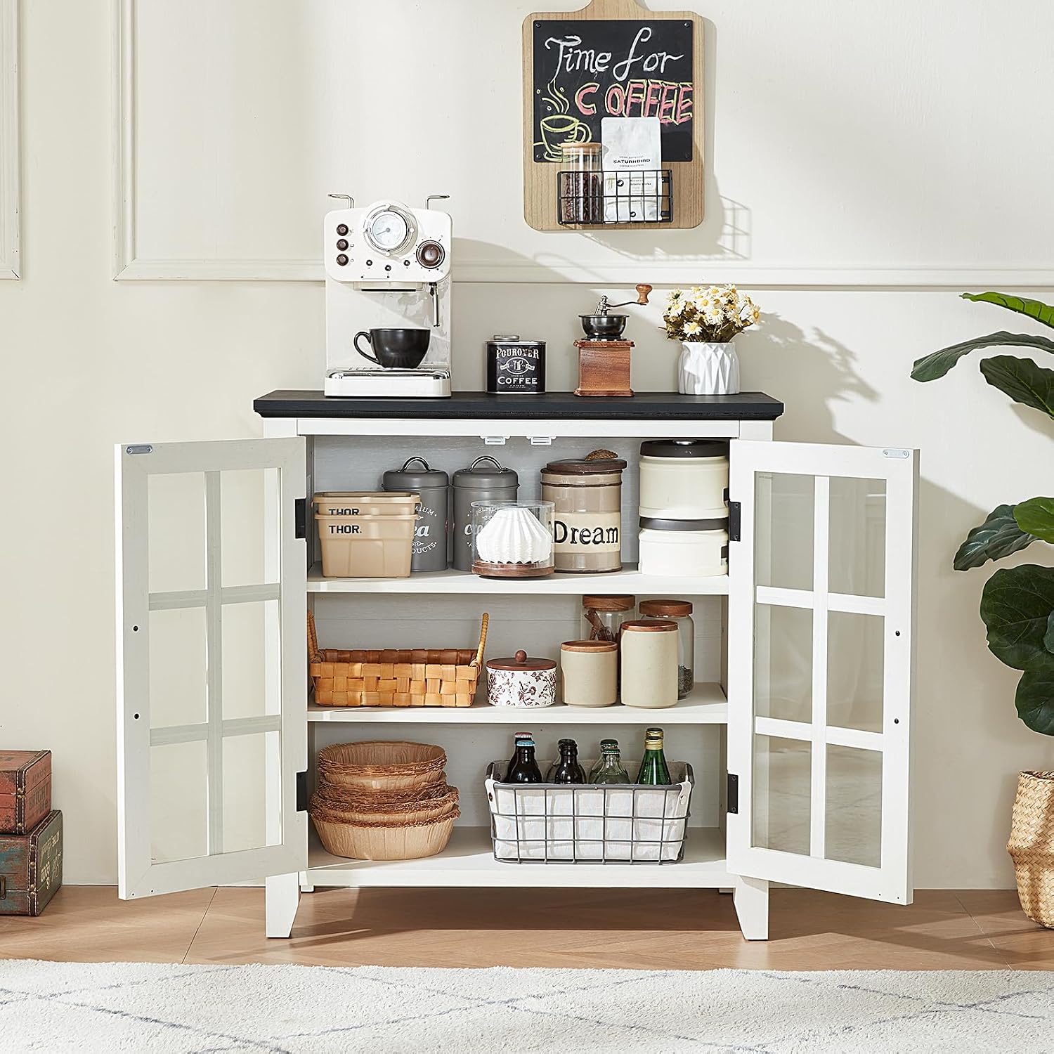 Joaxswe Sideboard Buffet Cabinet with Storage, 32' Farmhouse Kitchen Coffee Wine Bar Cabinet with 2 Glass Doors, Wood Mid Century Modern Side Board Table for Dining Room, Living Room, White