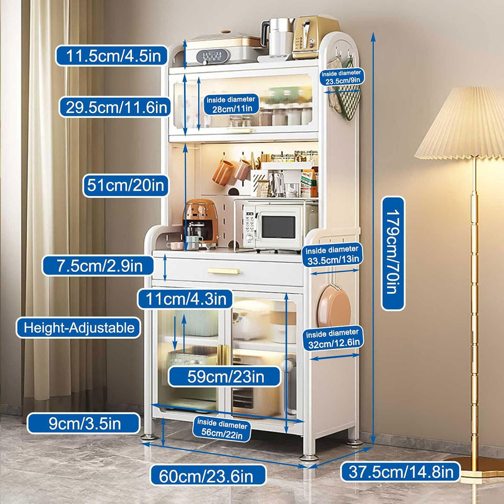 Generic White,179×60cm/70×23.6in, Tall Kitchen Bakers Rack with Drawer and Adjustable Shelf, 5 Tier Multifunctional Microwave Stand Buffet, Coffee Bar Cabinet,Kitchen Pantry Storage Cabinet Shelf