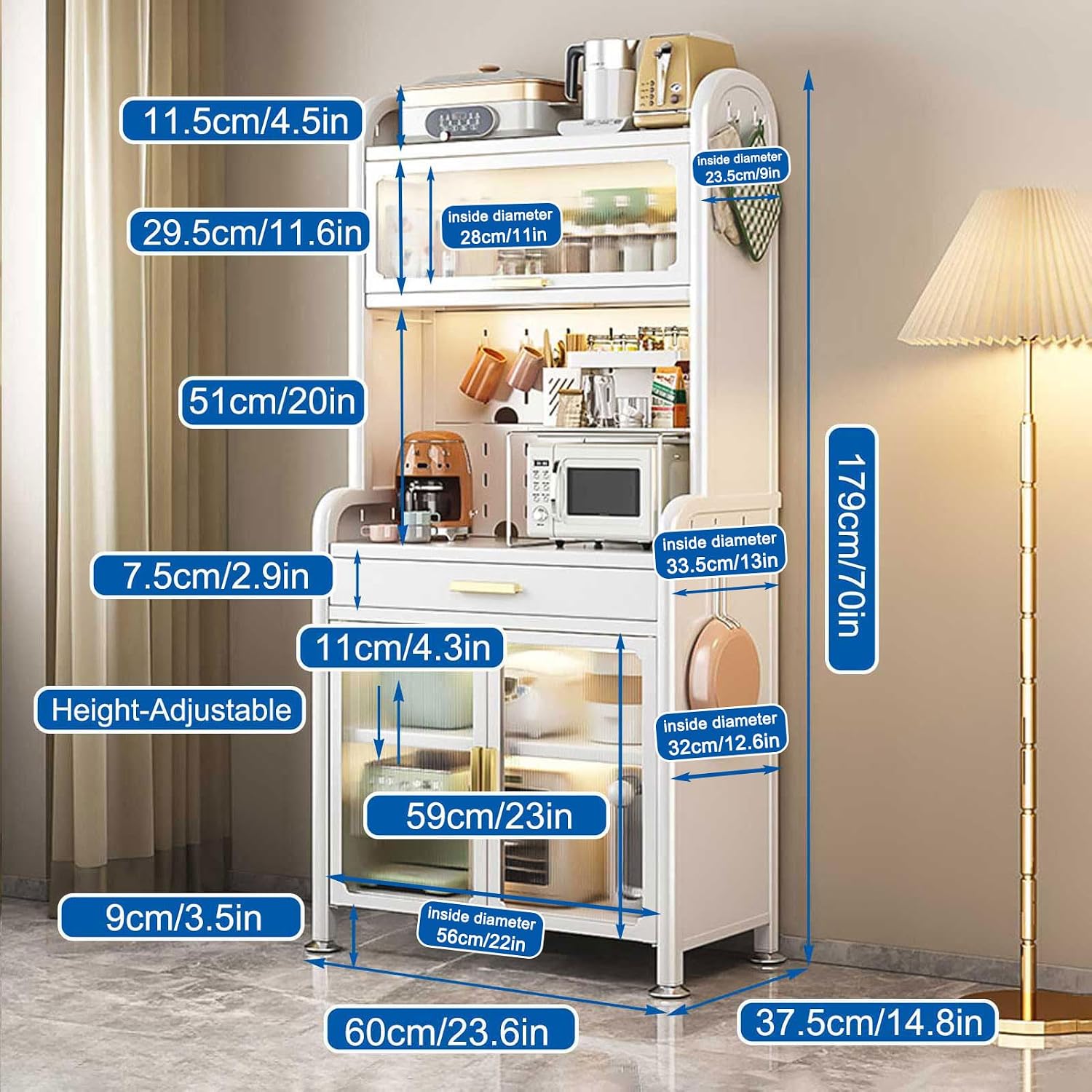 Generic White,179×60cm/70×23.6in, Tall Kitchen Bakers Rack with Drawer and Adjustable Shelf, 5 Tier Multifunctional Microwave Stand Buffet, Coffee Bar Cabinet,Kitchen Pantry Storage Cabinet Shelf