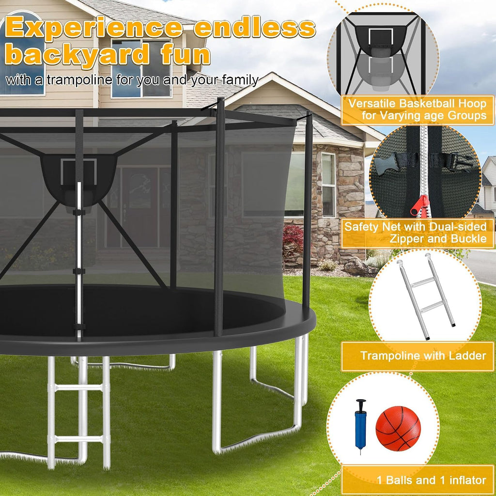 2026 Upgrade 1500LBS Outdoor Tranpoline for Kids and Adults 【Easy to Install & Built to Last】 10FT 12FT 14FT 16FT Recreational Tranpolines with Net, Basketball Hoop and Ladder, ASTM Approved