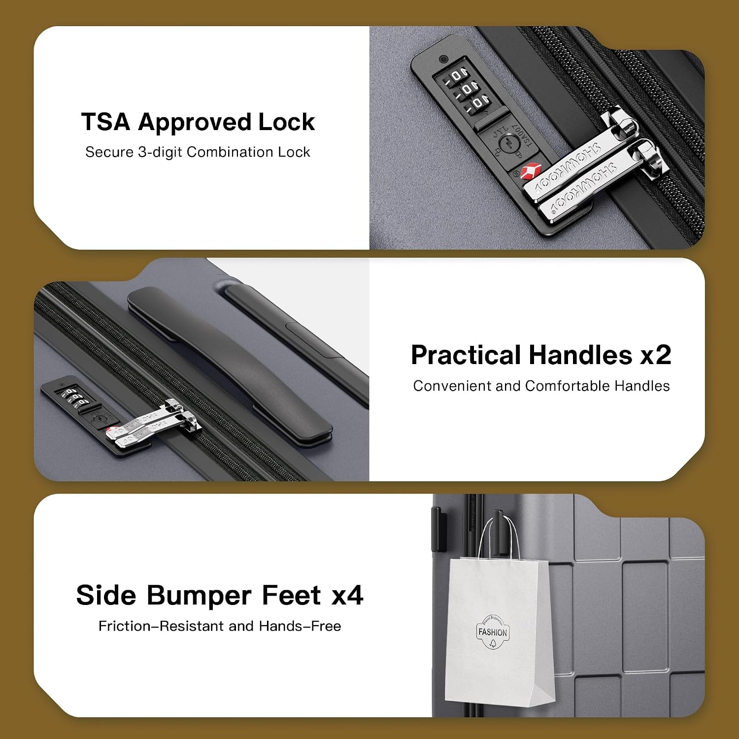 SHOWKOO Luggage Sets 3 Piece Hardside Expandable Lightweight PC Suitcase Sets with Double Spinner Wheels TSA Lock YKK Zipper, Sliver Gray