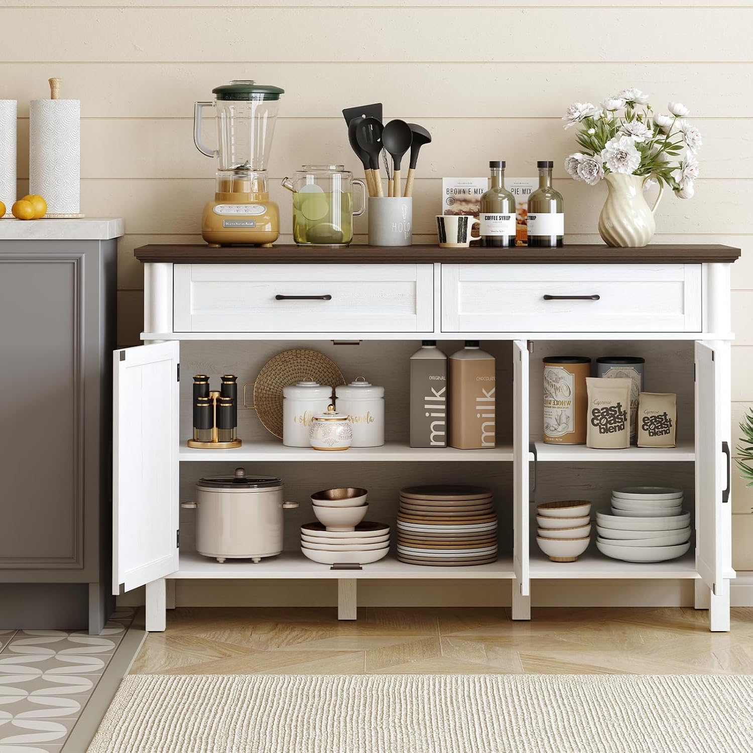ONBRILL 55 Inch Buffet Cabinet with Storage, Farmhouse Sideboard Buffet w/2 Drawers and 3 Doors, Wood Coffee Bar Cabinet with Adjustable Shelves, Sideboard Storage for Kitchen, Living Room, Off White