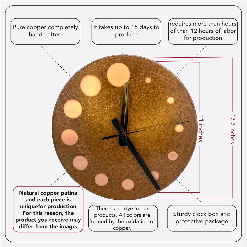 Handmade Pure Copper Wall Clock for Home Decoration, Decor Clock for Living Room, Bedroom and Kitchen, Rustic Decorative Mural Clock Art for Farmhouse (Circles of Time, 17.7)