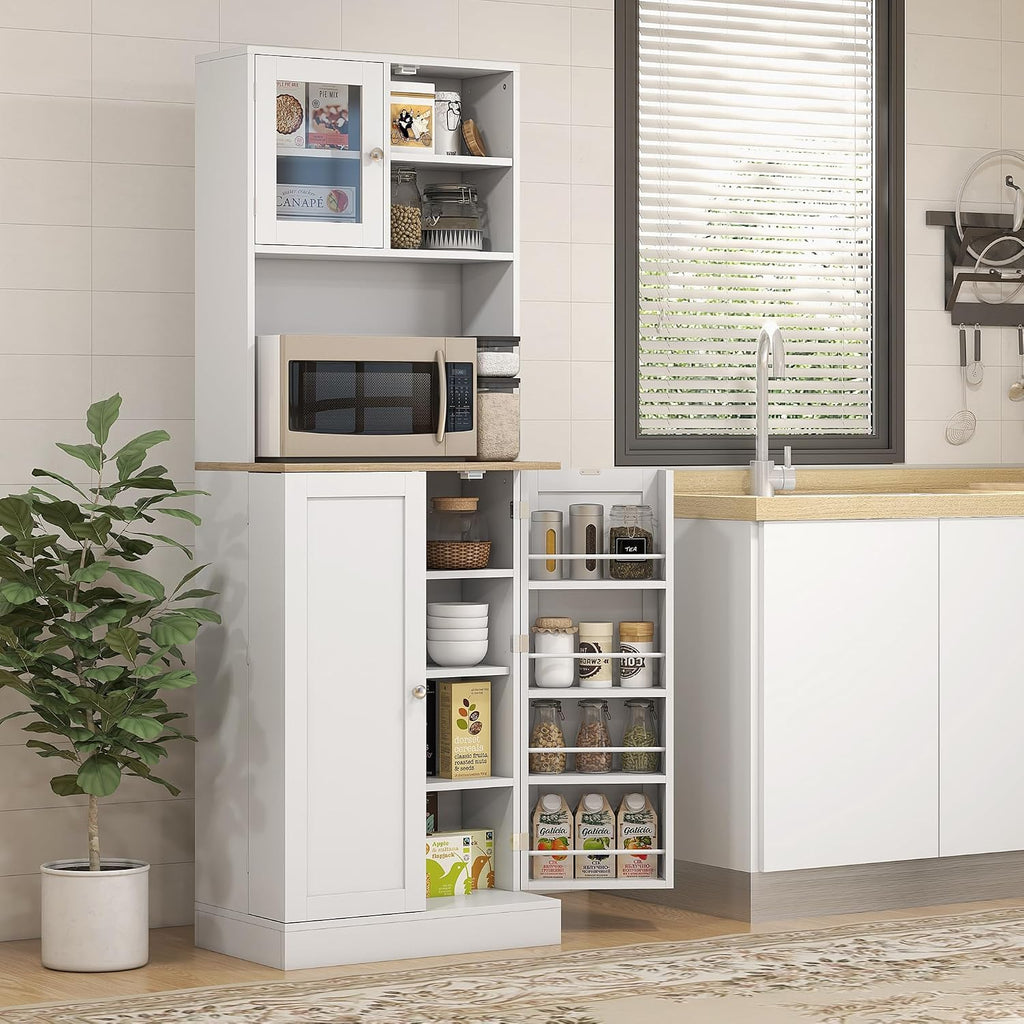 66' 8-Door & 5-Adjustable Freestanding Storage Cabinet, Kitchen Storage Bakers Rack with Microwave Stand, Utility Food Cupboard with Anti-tip Design for Kitchen Dining Areas, White