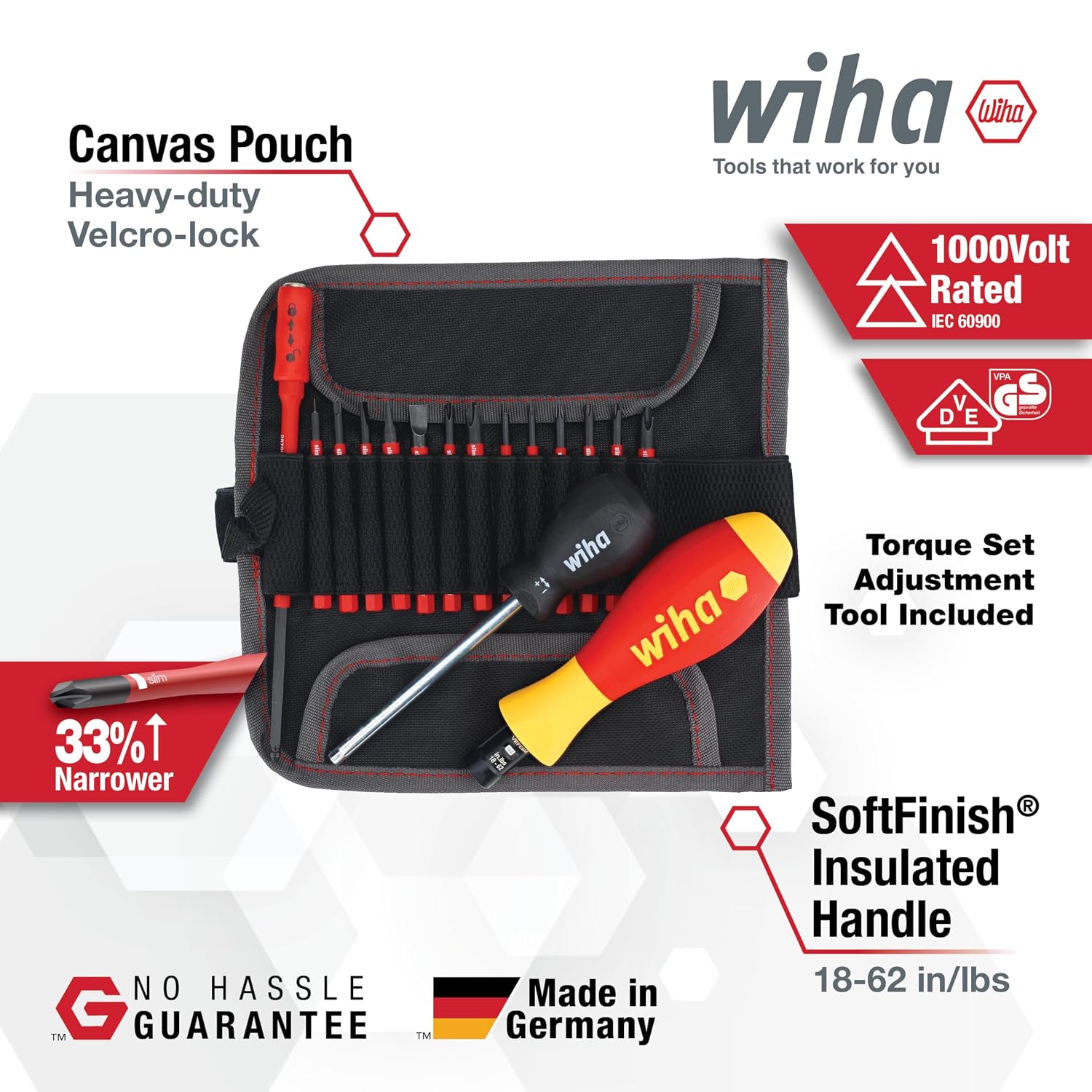 Wiha 28792 Insulated Torque Control Driver & SlimLine Blade Set, 16 Piece, 18–62 in-lb, Slotted, Phillips, Torx & Square, 1000V VDE