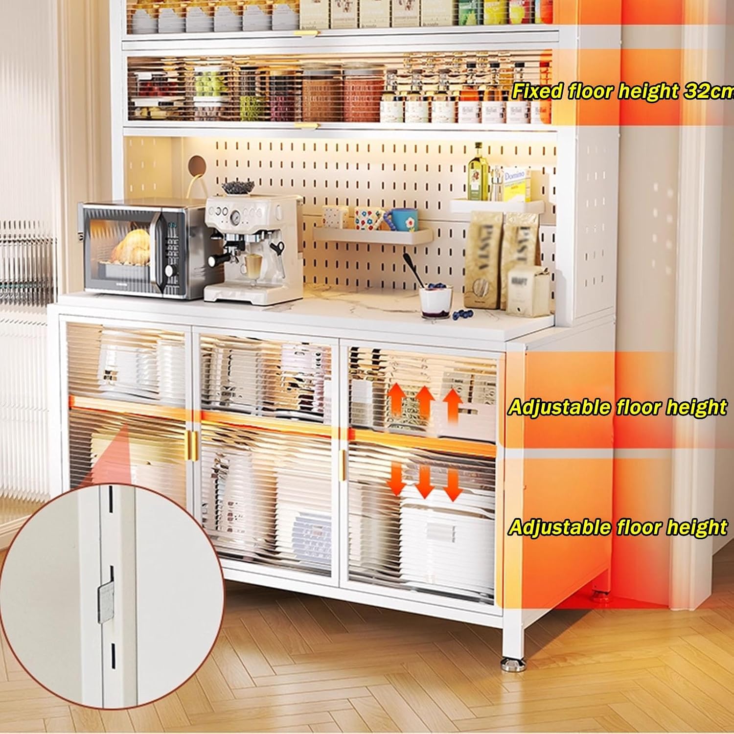 JKGHK Kitchen Storage Sideboard Cabinet, Tall Bakers Rack Countertop with Stone Slab Countertop, Standing Pantry with Pegboard and Adjustable Shelves for Home Coffee Bar(White,24x72in)