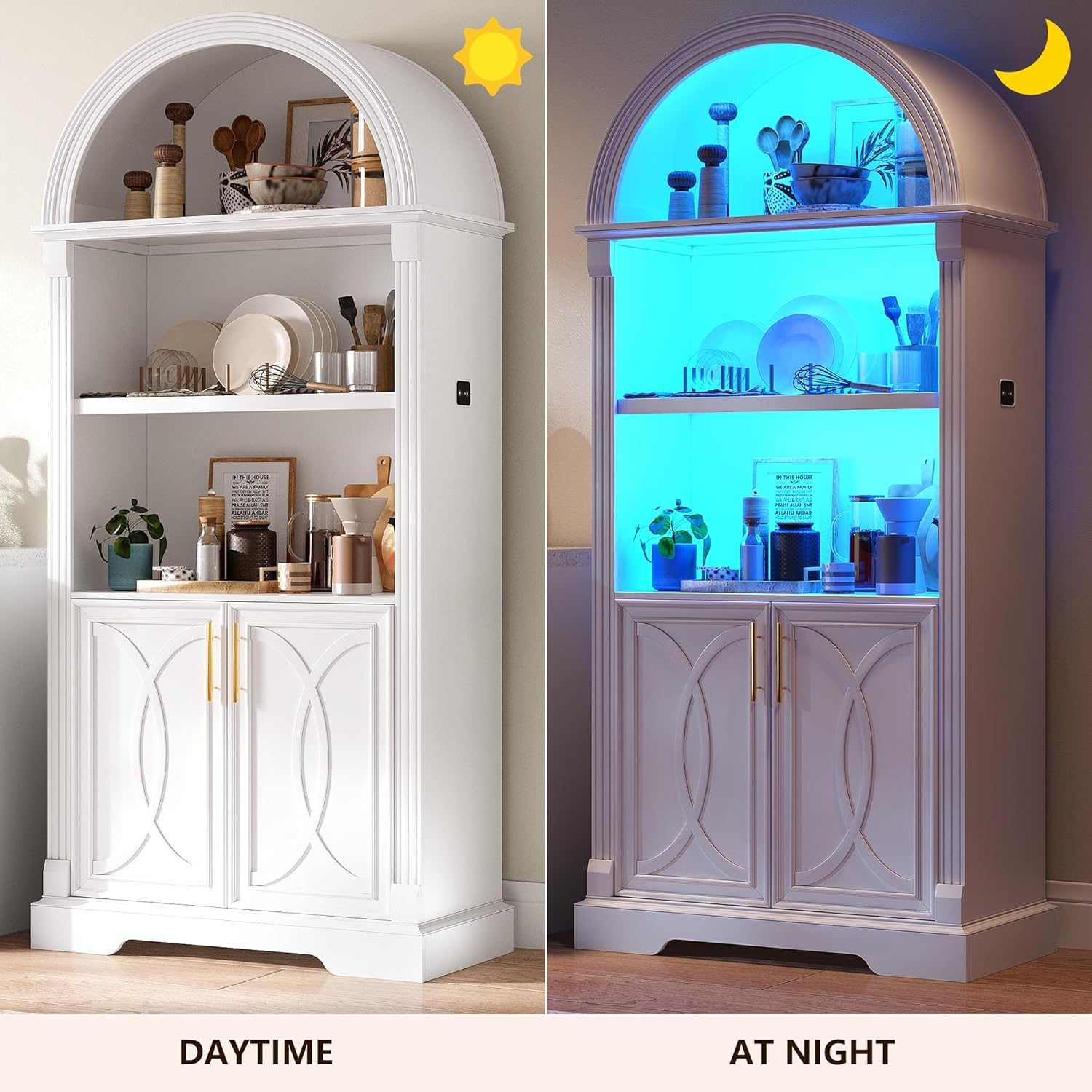 Vlsrka 71' Tall Arched Cabinet, Kitchen Pantry Cabinets, Arched Bookshelf/Bookcase,China Cabinet, Wood Kitchen Storage Cabinets with Open & Adjustable Shelves, Induction 3 Color Lights, White