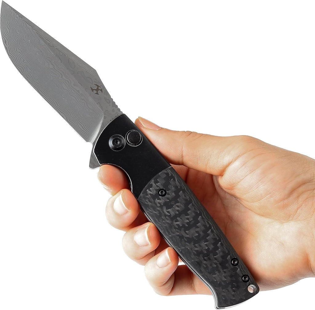 KANSEPT Shikari SBL Pocket Knives EDC Camping Folding Knife3.35'' Damascus Material Pocket Folding Knife with Black Stonewashed Titanium Twill Carbon Fiber Handle Everyday Carry K2027D1