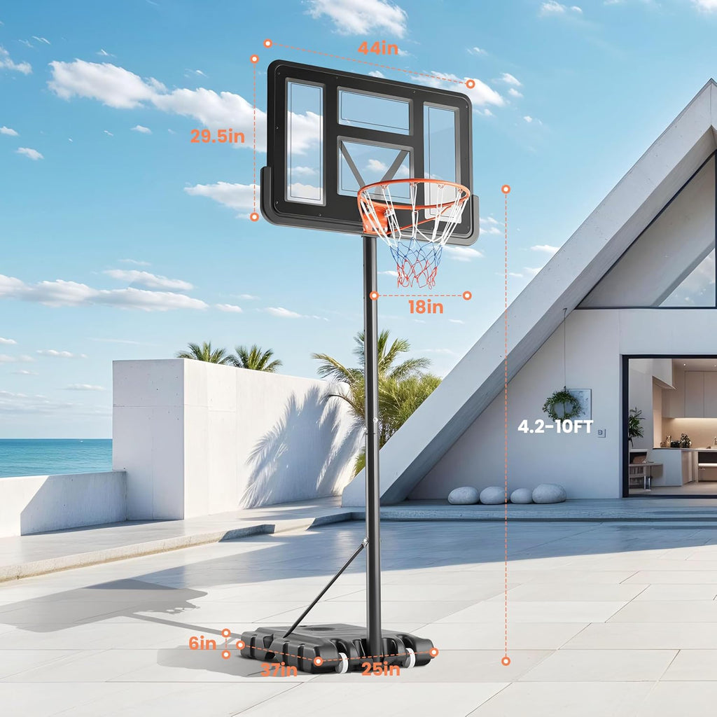Basketball Hoop Outdoor 4.2-10ft Adjustable, Portable Basketball Goals Court System for Kids Youth&Adults in Backyard/Driveway/Indoor/Pool, 44 Inch Shatterproof Backboard Fillable Base with 2 Wheels