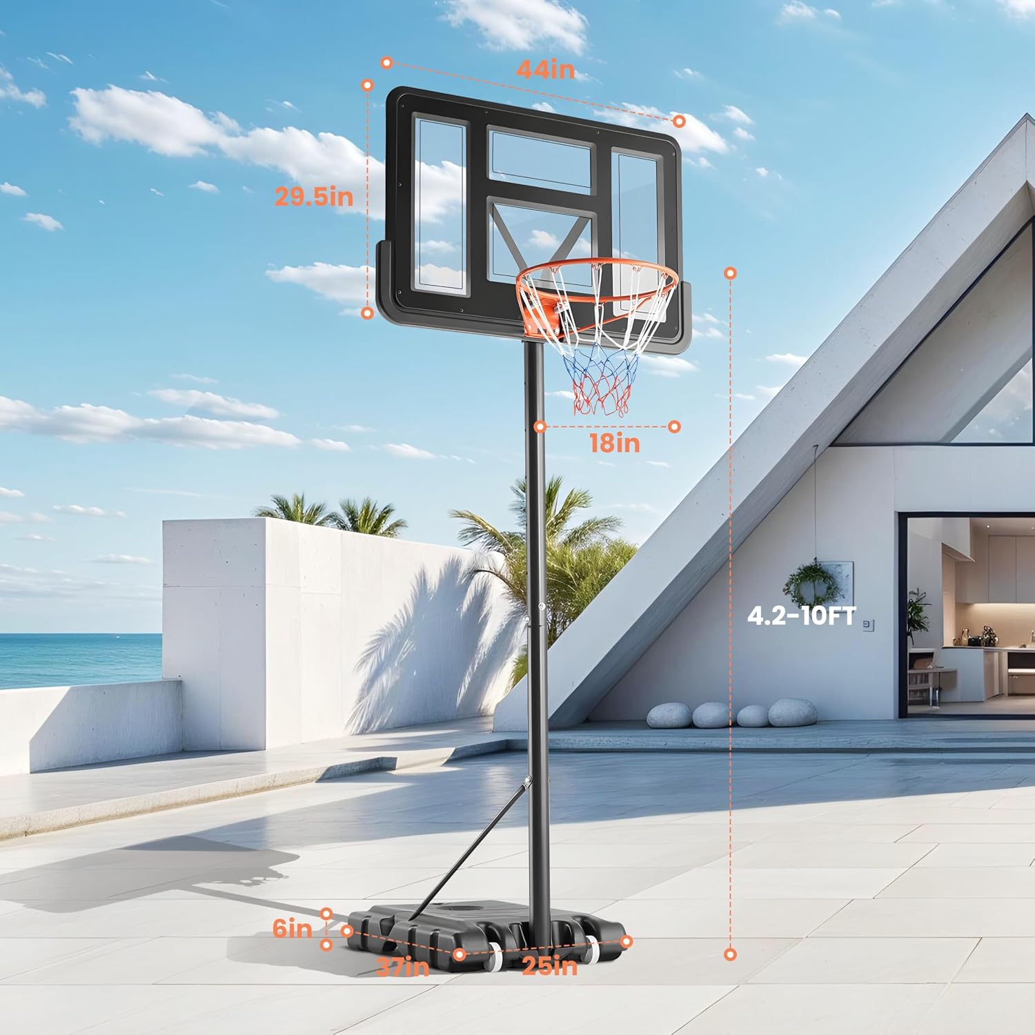 Basketball Hoop Outdoor 4.2-10ft Adjustable, Portable Basketball Goals Court System for Kids Youth&Adults in Backyard/Driveway/Indoor/Pool, 44 Inch Shatterproof Backboard Fillable Base with 2 Wheels