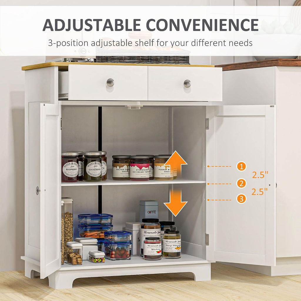 HOMCOM Sideboard Buffet Cabinet with Solid Wood Countertop, Modern Kitchen Storage Cabinet, Coffee Bar Cabinet with 2 Drawers, Doors and Adjustable Shelf, Distressed White