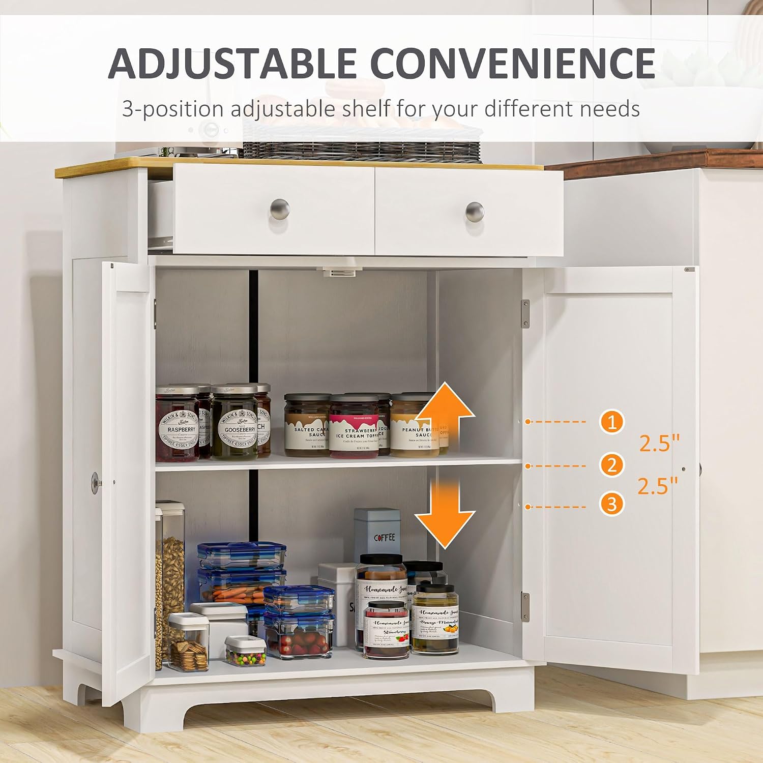 HOMCOM Sideboard Buffet Cabinet with Solid Wood Countertop, Modern Kitchen Storage Cabinet, Coffee Bar Cabinet with 2 Drawers, Doors and Adjustable Shelf, Distressed White