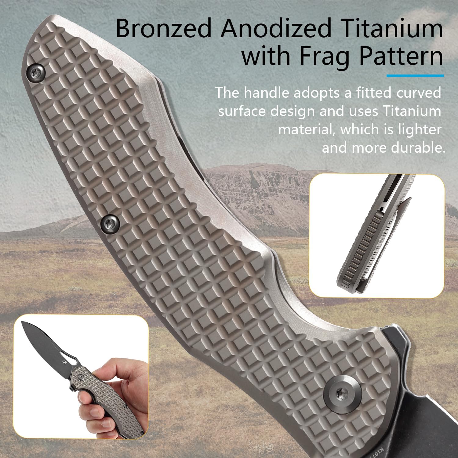 KANSEPT Echis Pocket Folding Knives for Men Women Camping Hiking Folding Knife 3.45'' Black Stonewashed CPM S35VN Blade with Bronzed Anodized Titanium with Frag Pattern Handle Everyday Carry K1071A6