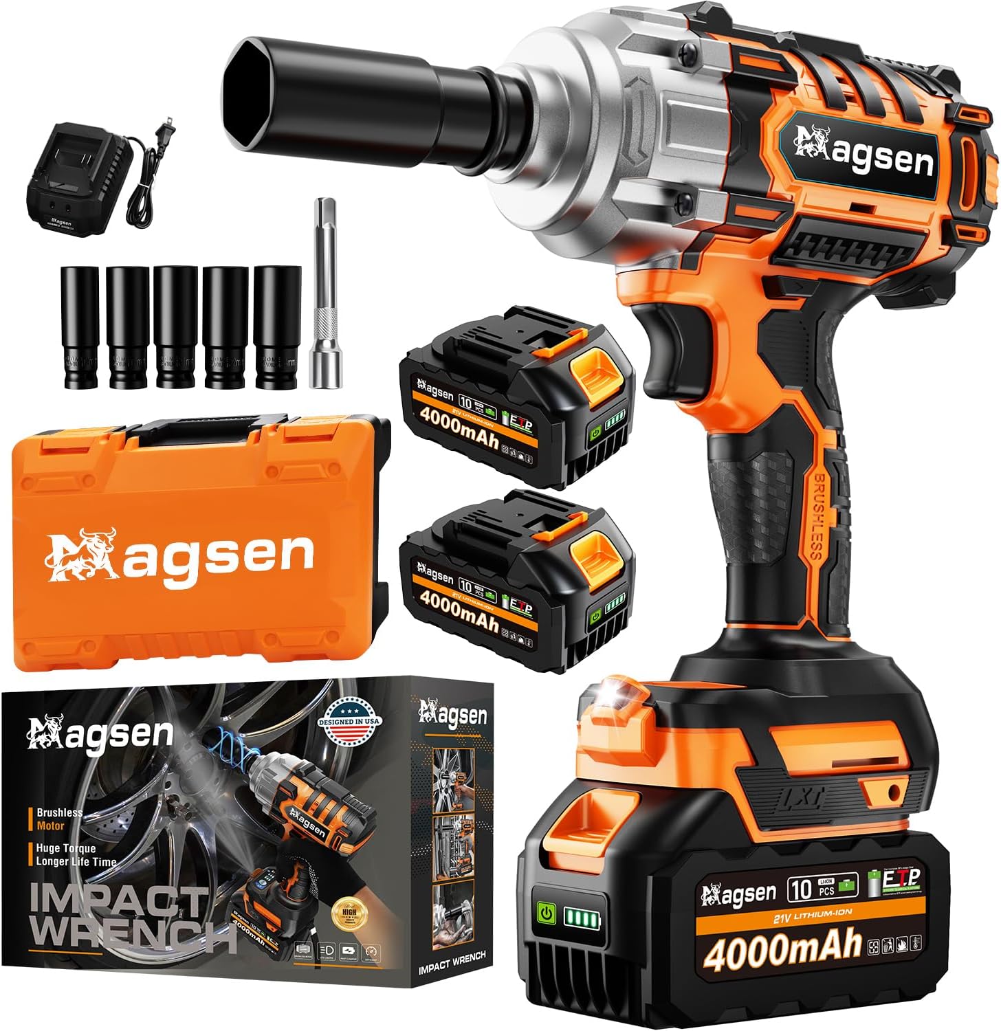 1500N.m Impact Wrench, 1/2' High Torque 1107ft-lbs Cordless Impact Gun with 2 x 4.0Ah Battery, 21V Power Impact Driver with 5 Sockets,LED Light,Electric Impact Truck RV Car Heavy Construction