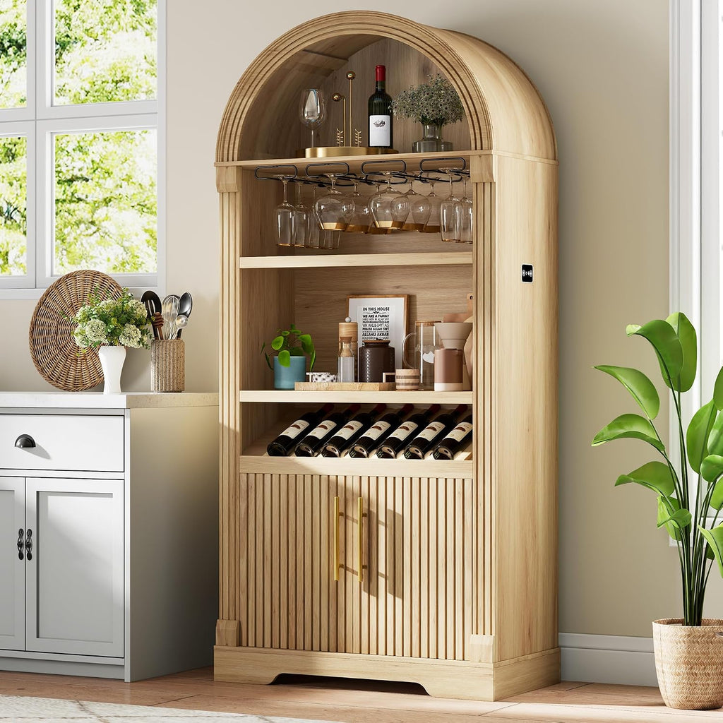 Vlsrka Arched Cabinet, Kitchen Pantry Cabinets with Open & Adjustable Shelves, Induction 3 Color Lights (Brown A)