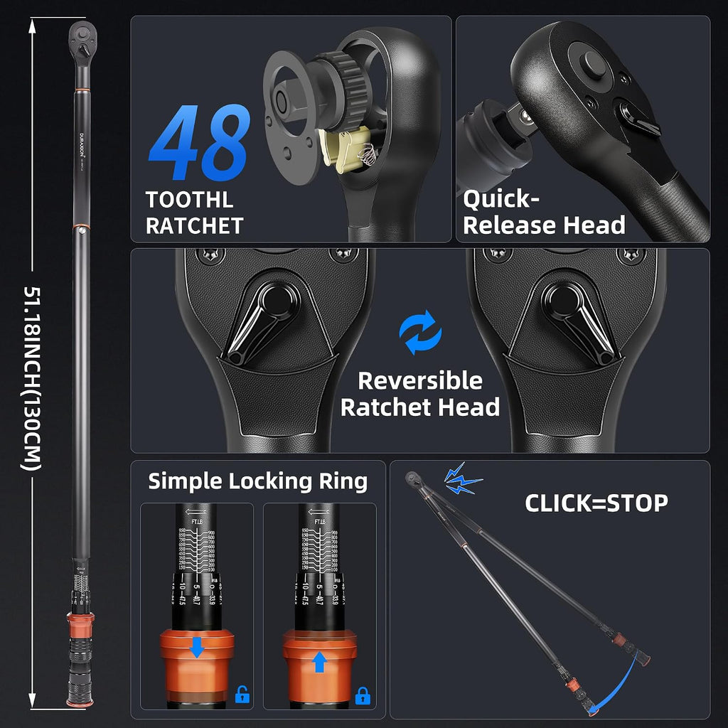 Torque Wrench 3/4' Dual Range Scales 100-950ft.lb/135.58-1288.03Nm, ±3% Precision, 48 tooth Dual-direction Torque Wrenchs for Car, Truck Maintenance and Product Assembly