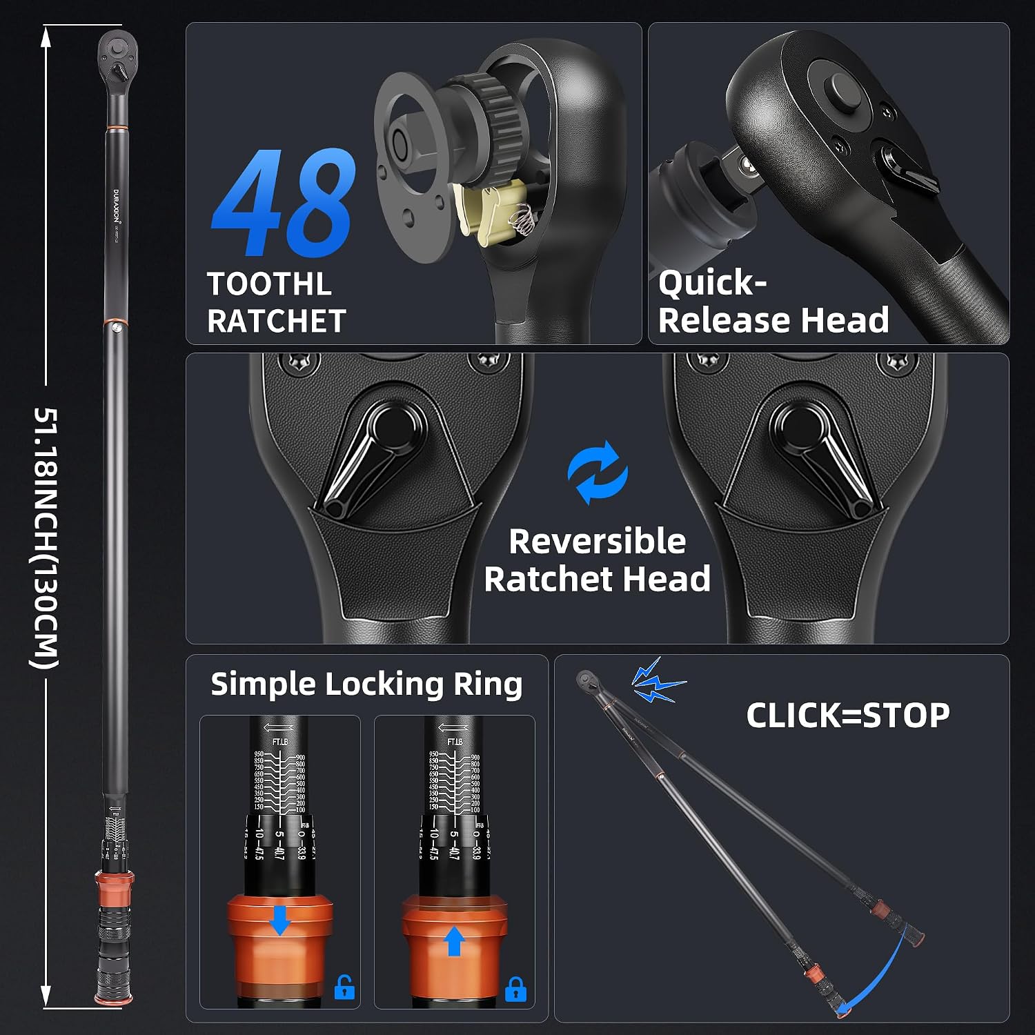 Torque Wrench 3/4' Dual Range Scales 100-950ft.lb/135.58-1288.03Nm, ±3% Precision, 48 tooth Dual-direction Torque Wrenchs for Car, Truck Maintenance and Product Assembly