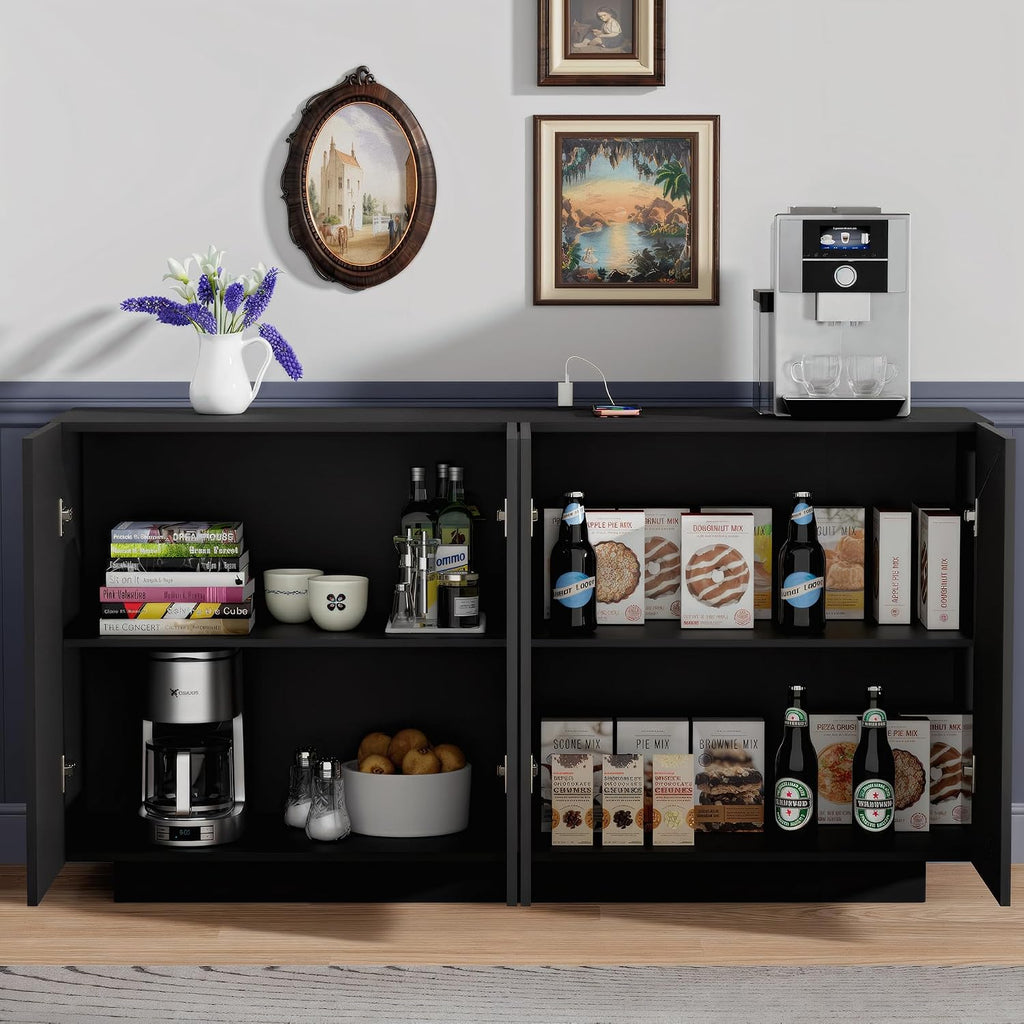 Anbuy Buffet Cabinet Mirror with Storage Black Sideboard with Storage Coffee Bar with Lights & Charging Station Kitchen LED 57.87'' Buffet Cabinet with Mirror Doors for Bedroom, Living Room