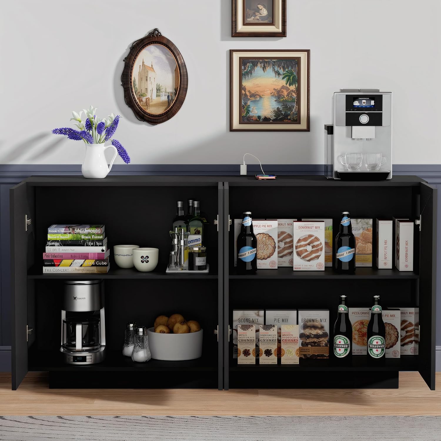 Anbuy Buffet Cabinet Mirror with Storage Black Sideboard with Storage Coffee Bar with Lights & Charging Station Kitchen LED 57.87'' Buffet Cabinet with Mirror Doors for Bedroom, Living Room
