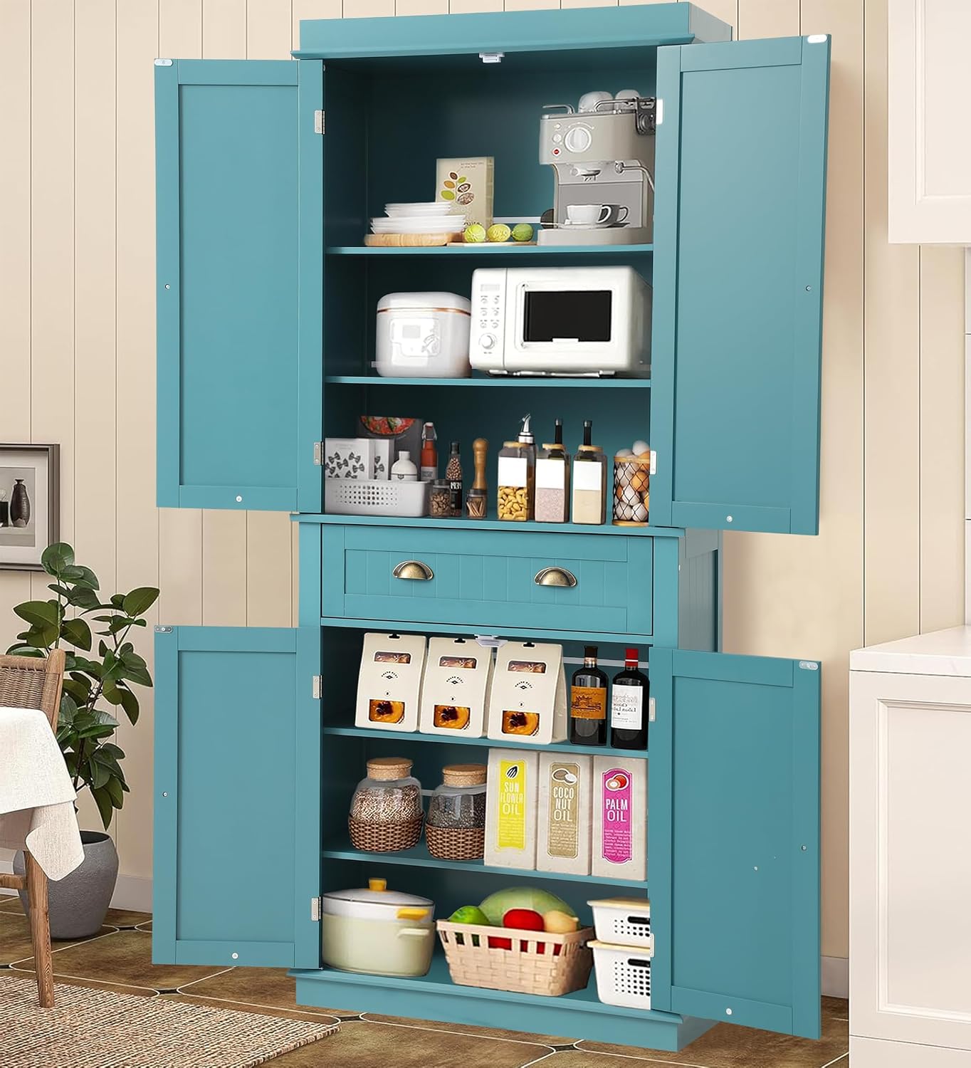 KIGOTY 72' Tall Kitchen Pantry Cabinet with Drawer and 4 Adjustable Shelves, Freestanding Pantry Storage Cabinets, Wood Cupboard Pantry Cabinet for Kitchen, Dining Room, Living Room, Turquoise