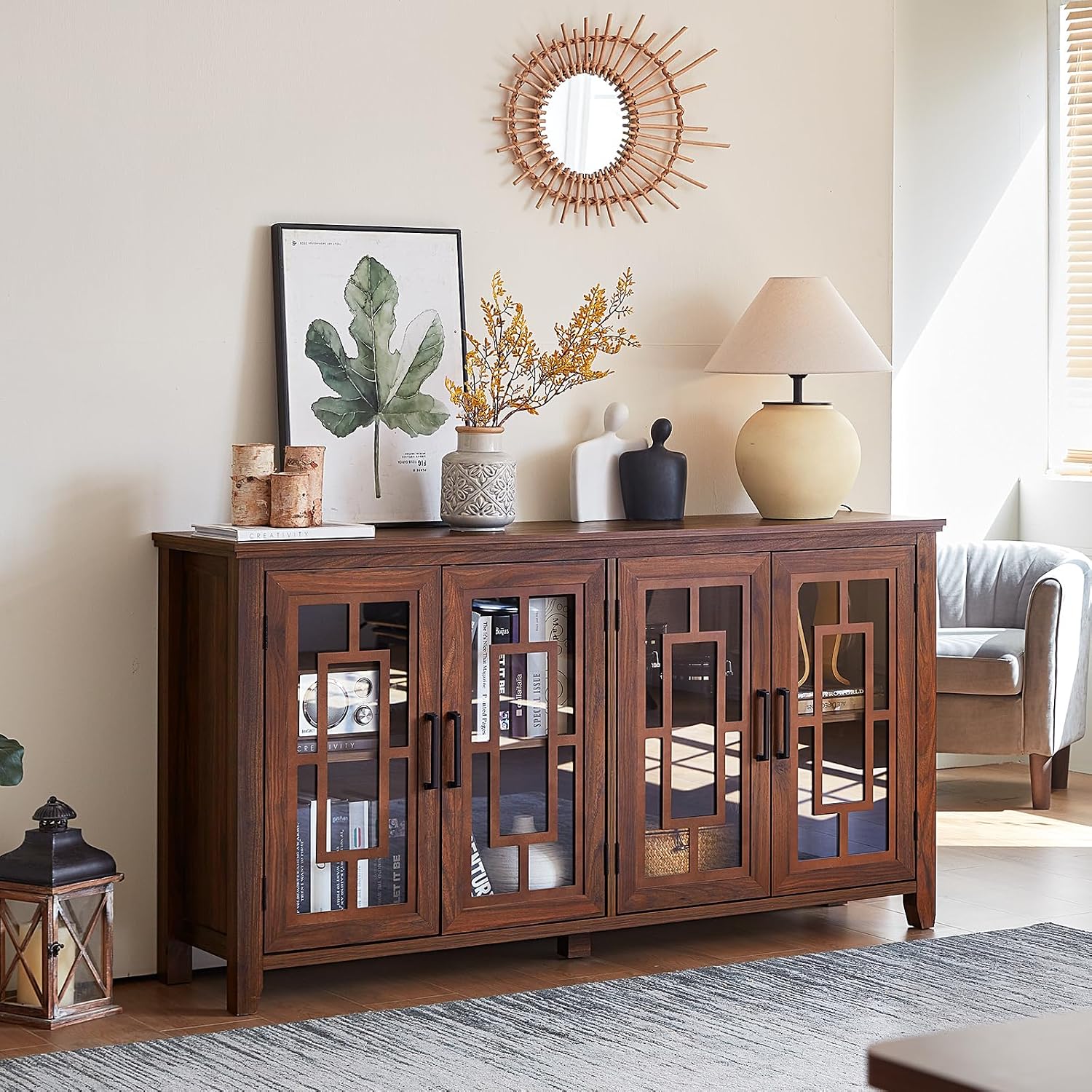 Joaxswe Large Sideboard Buffet Cabinet with Storage, 63' Farmhouse Brown Kitchen Coffee Wine Bar Cabinet with 4 Glass Doors, Wood Mid Century Modern Side Board Table for Dining Room, Living Room